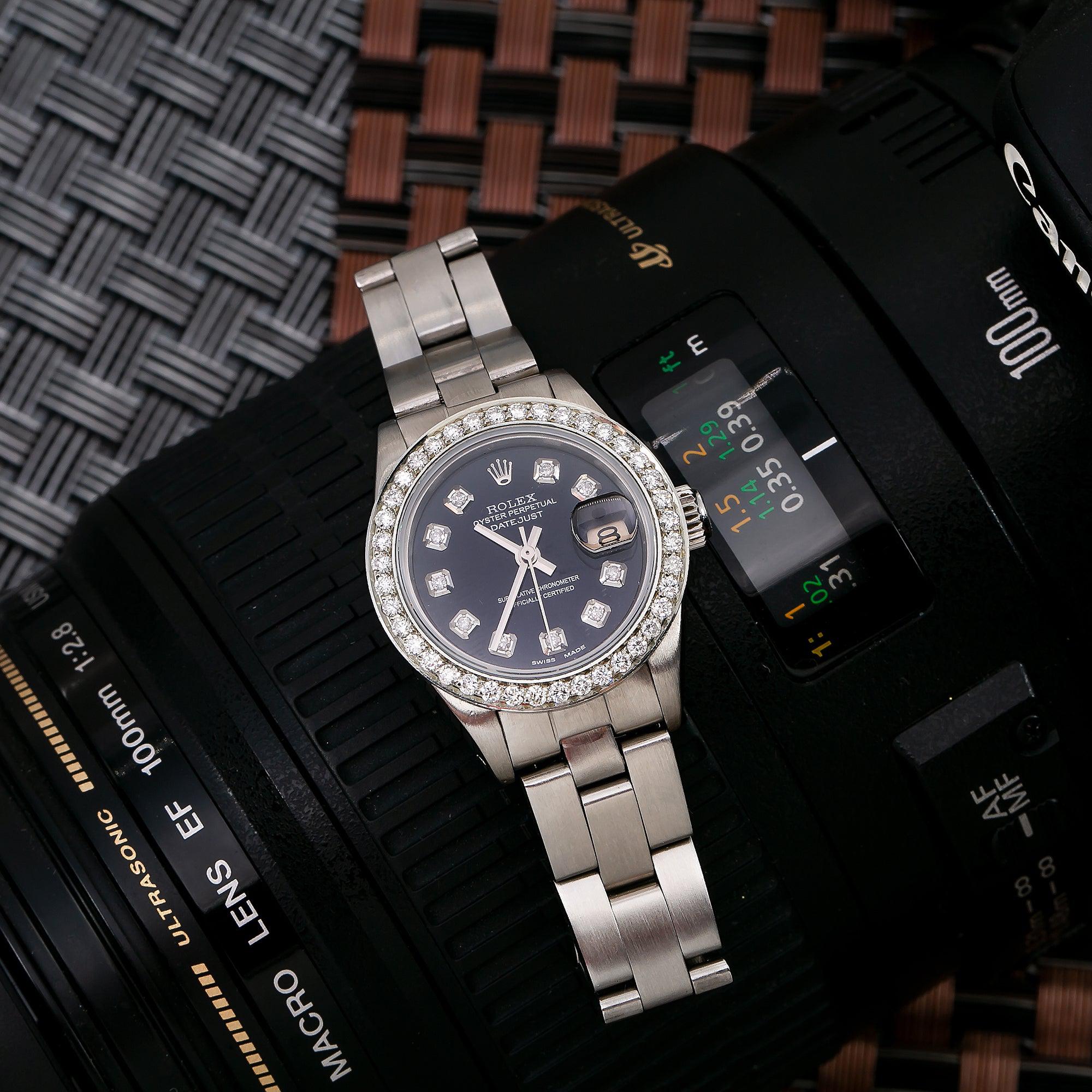 Rolex Datejust 26MM 69160 Black Diamond Dial Diamond Bezel Stainless Steel Oyster Bracelet
