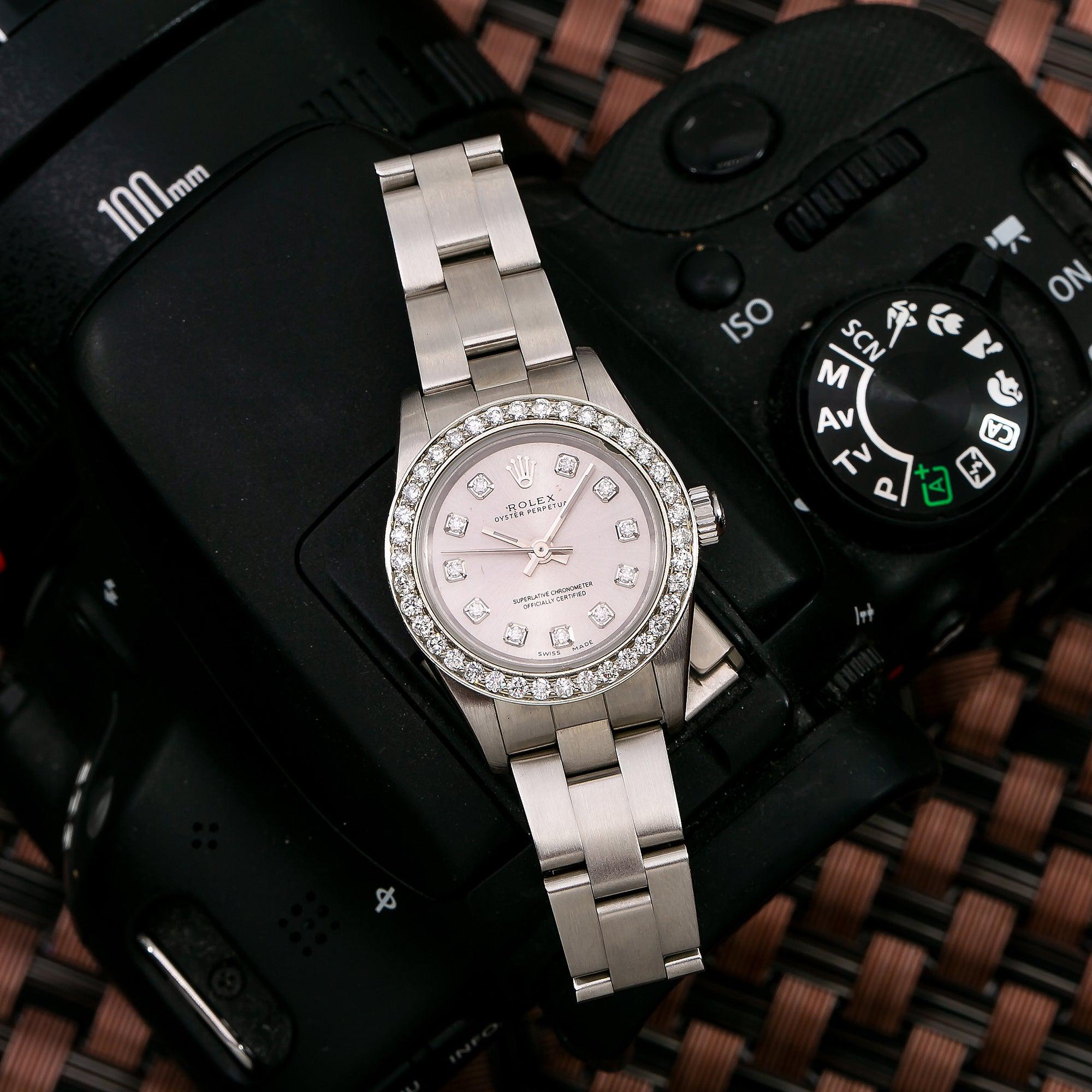 Rolex Oyster Perpetual 26MM 76094 Silver Diamond Dial Diamond Bezel Stainless Steel Oyster Bracelet