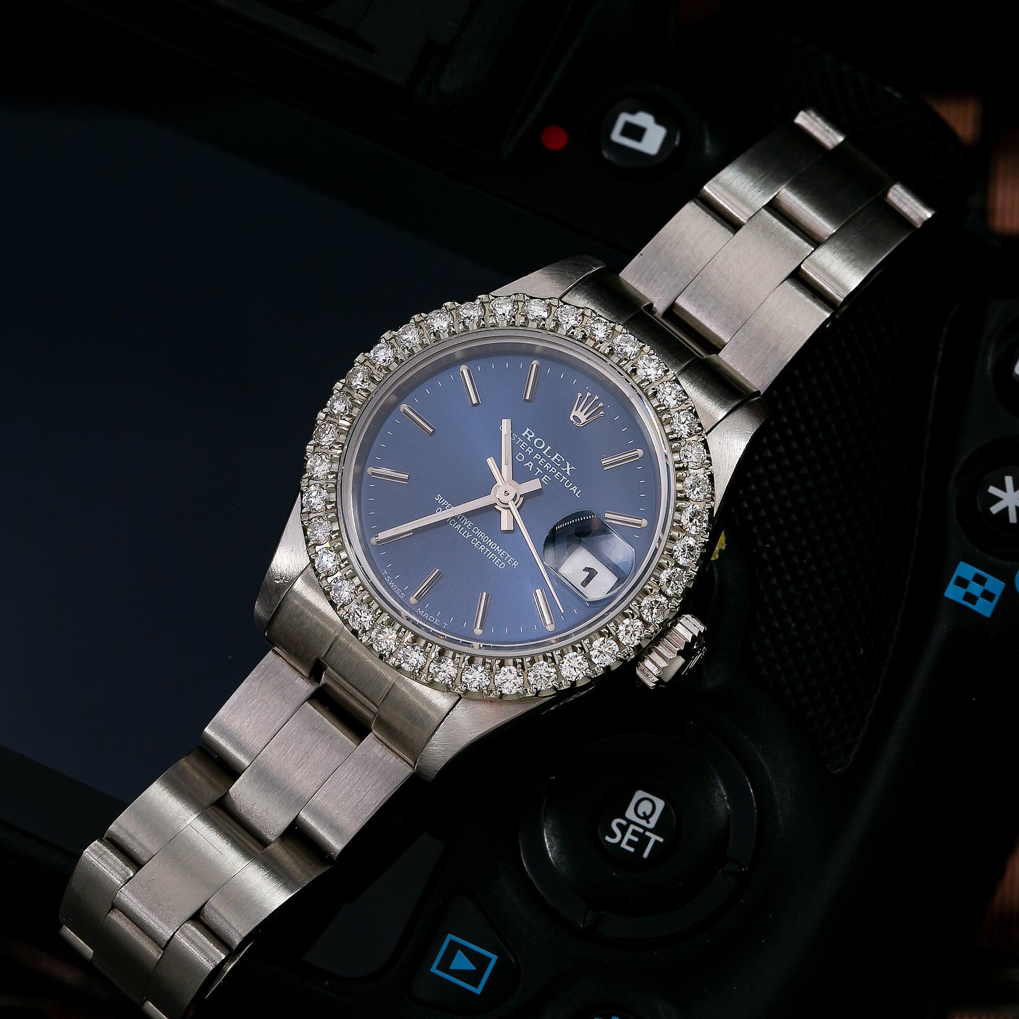 Rolex Date 26MM 6916 Blue Dial Diamond Bezel Stainless Steel Oyster Bracelet