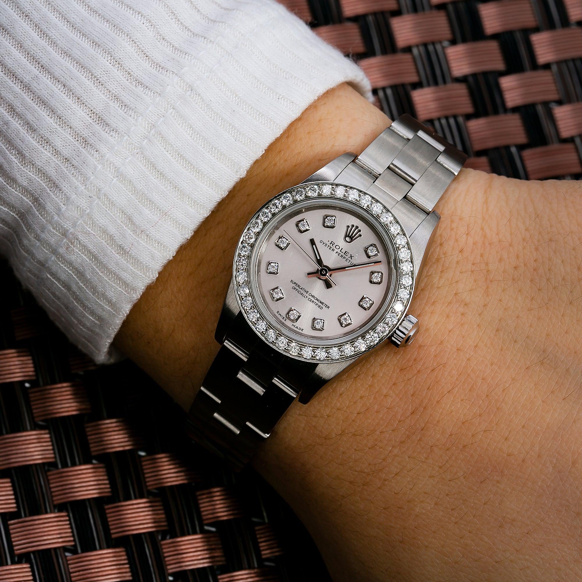 Rolex Oyster Perpetual 26MM 76094 Silver Diamond Dial Diamond Bezel Stainless Steel Oyster Bracelet