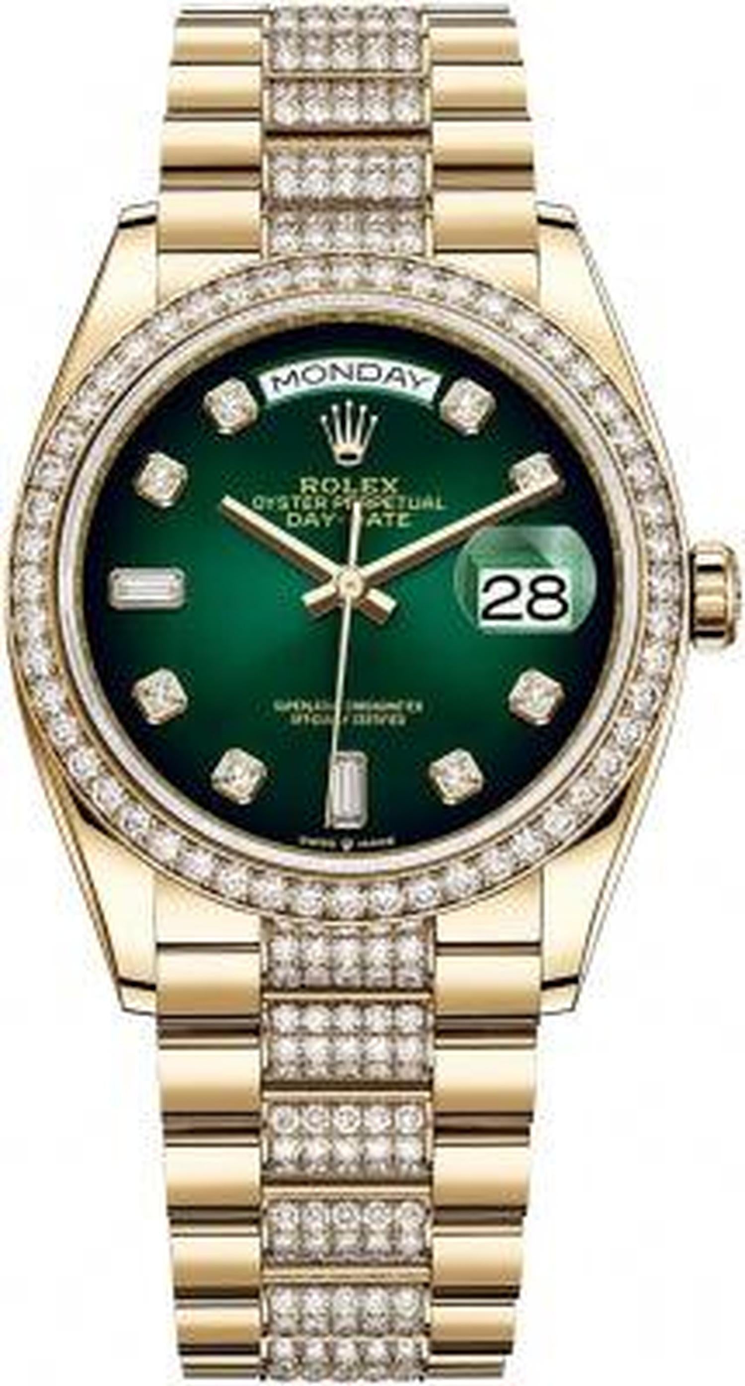Rolex Day-Date 128348RBR 36MM - Yellow Gold Watch With Pave Diamonds Oyster Yellow Gold President Bracelet And Diamond Bezel