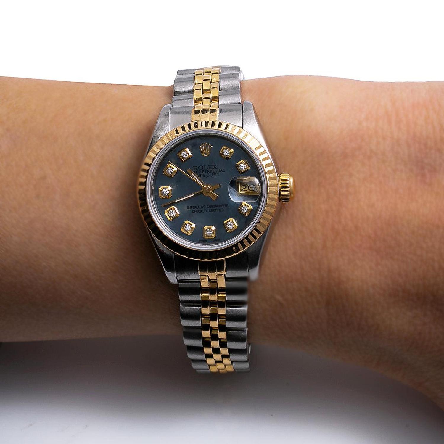 Rolex Datejust 26MM 69173 Blue Mother of Pearl Diamond Dial Fluted Bezel Two Tone Yellow Gold Jubilee Bracelet