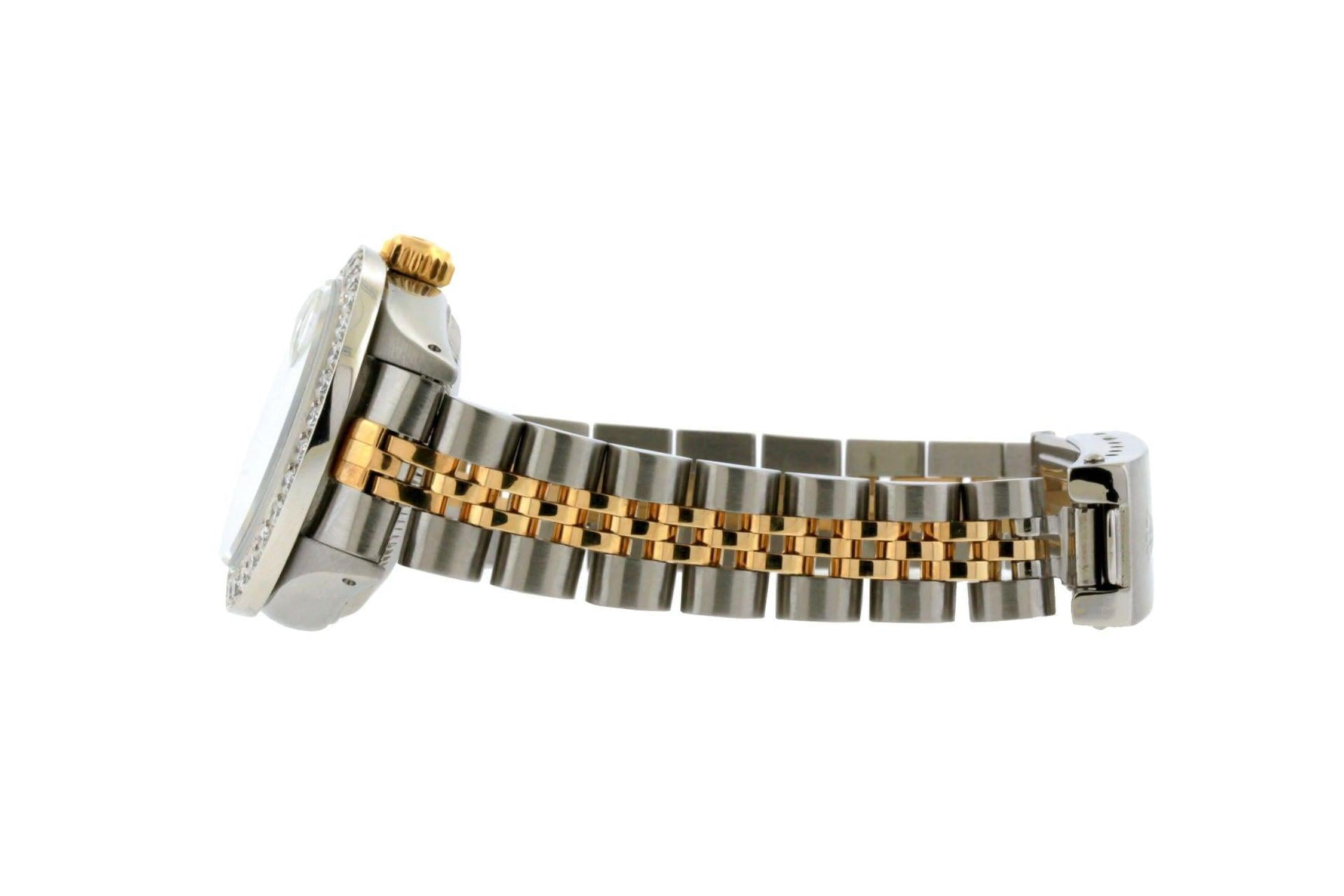 Rolex Datejust 26MM 69173 Black Mother of Pearl Diamond Dial Diamond Bezel Two Tone Yellow Gold Jubilee Bracelet 1.2ct