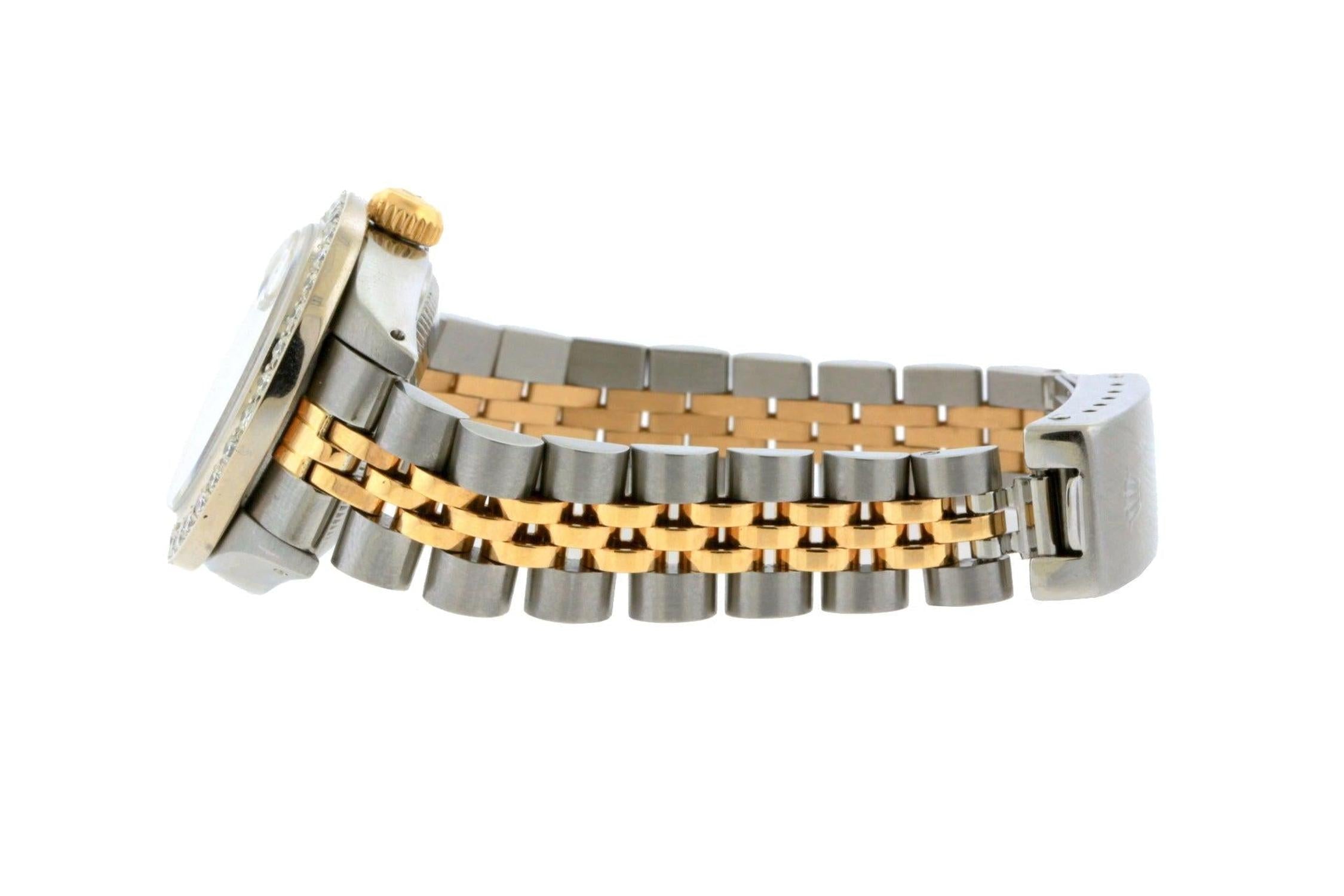 Rolex Datejust 26MM 69173 Black Diamond Dial Diamond Bezel Two Tone Yellow Gold Jubilee Bracelet 1.2ct