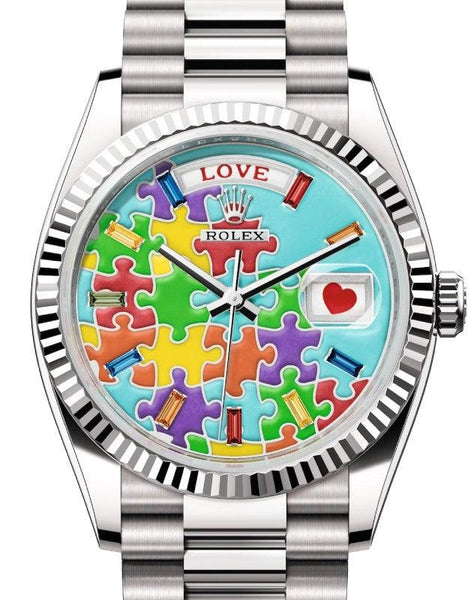 ROLEX DAY-DATE 36 PRESIDENT WHITE GOLD JIGSAW EMOJI PUZZLE DIAL 128239 WITH WHITE GOLD PRESIDENT OYSTER BRACELET