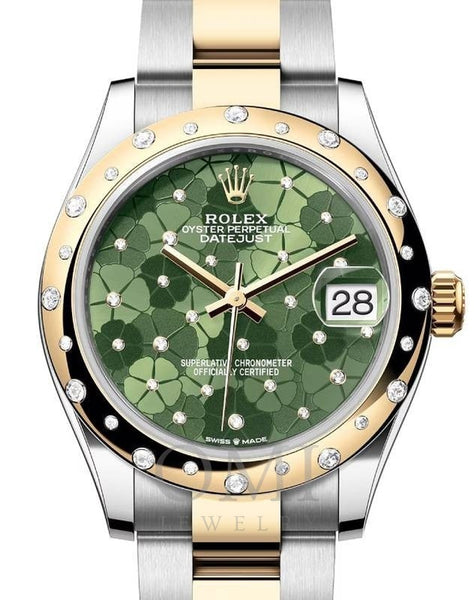 Rolex Datejust 278343RBR 31MM Olive Green Floral Dial With Two Tone Oyster Bracelet And Yellow Gold Domed Diamond Bezel