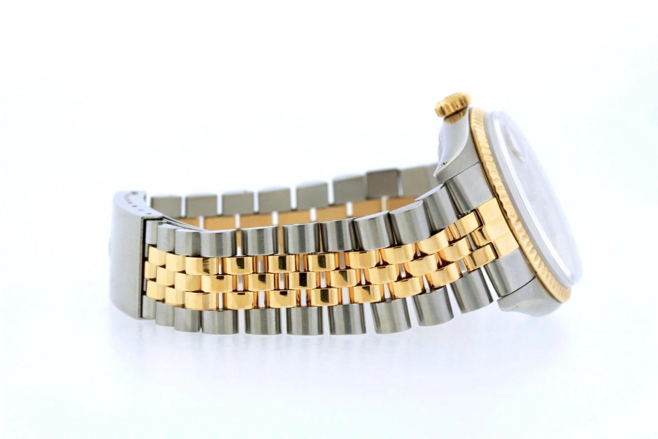 Rolex Datejust 36MM 16233 Black Roman Diamond Dial Fluted Bezel Two Tone Yellow Gold Jubilee Bracelet