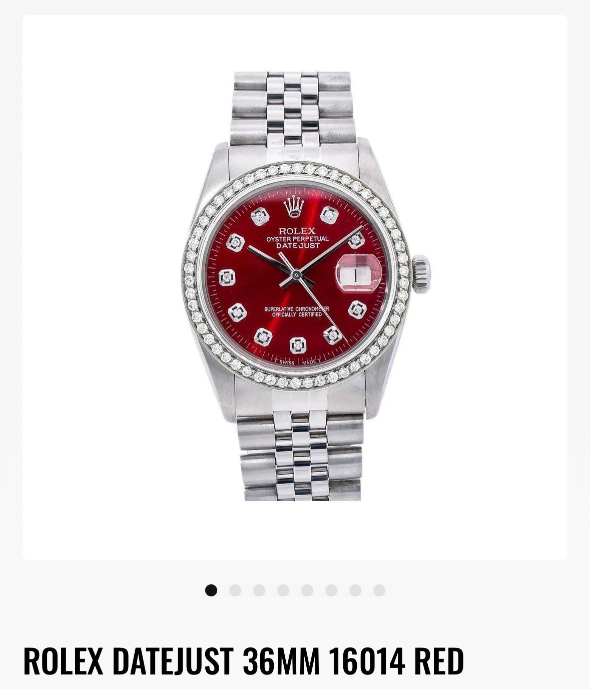 Rolex Datejust 36MM 16014 Red Diamond Dial Diamond Bezel Stainless Steel Jubilee Bracelet 2.2ct
