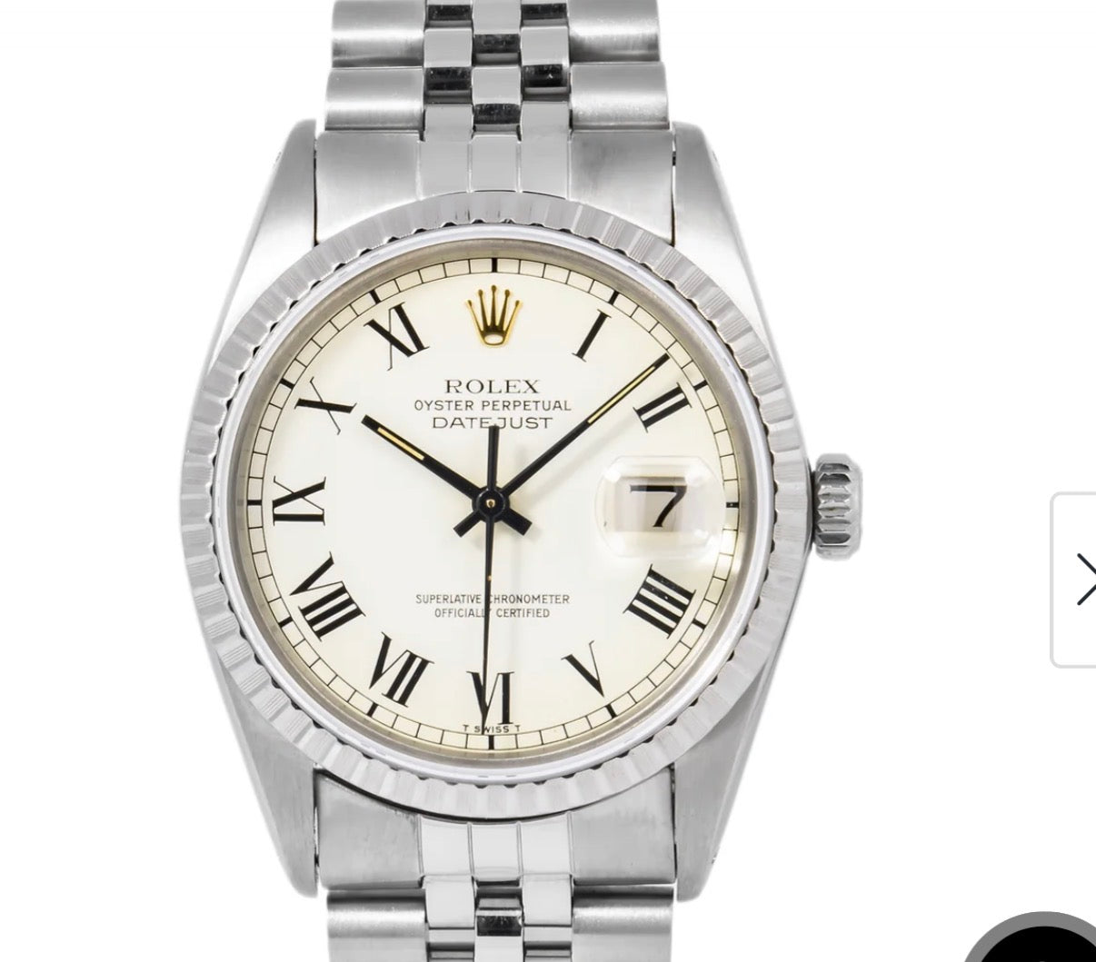 36mm ss watch with white Roman dial 5 digit reference