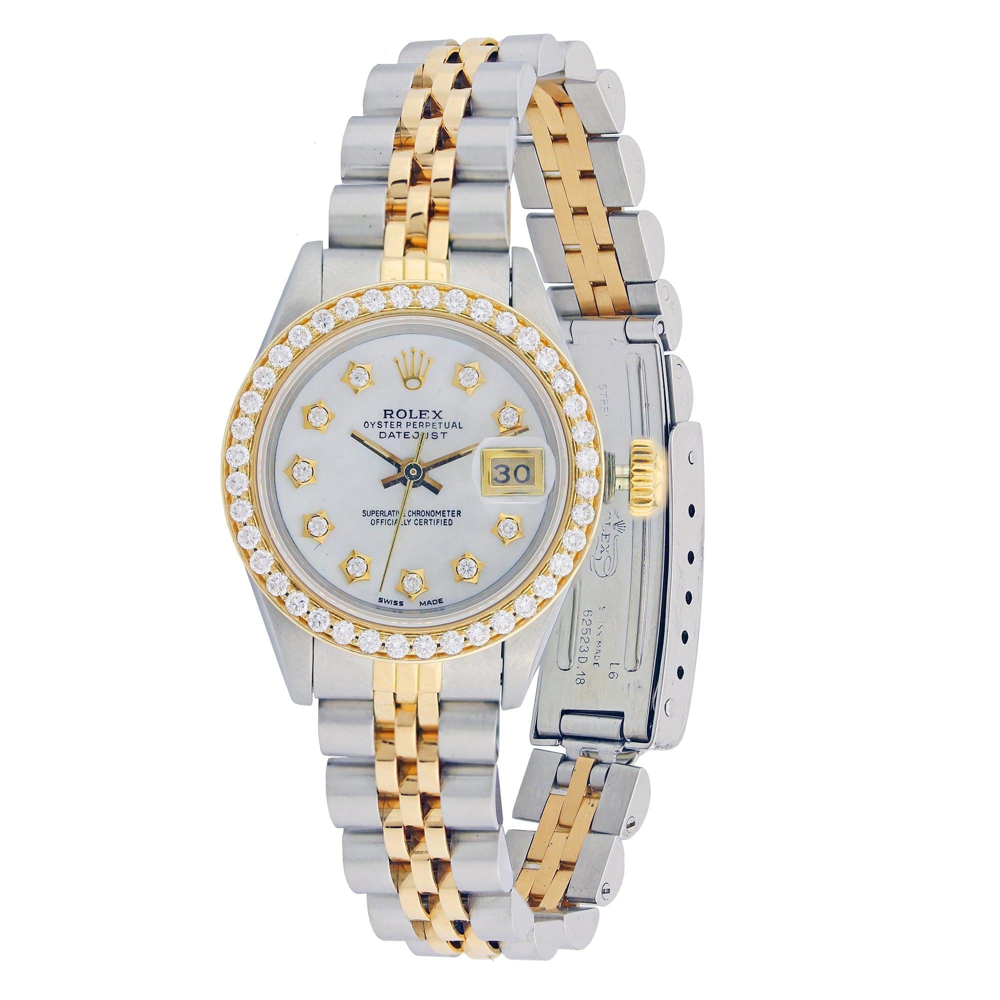 Rolex Datejust 26MM 69173 White Mother of Pearl Diamond Dial Diamond Bezel Two Tone Yellow Gold Jubilee Bracelet 0.8ct