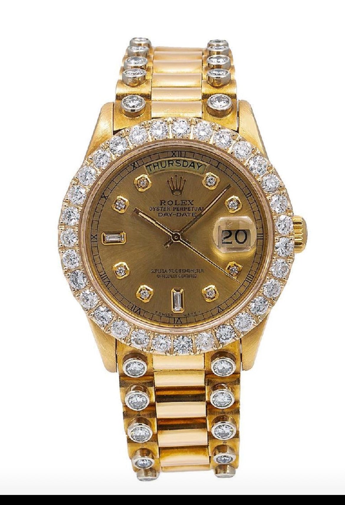 36mm  presidential watch with custom diamonds set in the band smooth bezel white dial same look