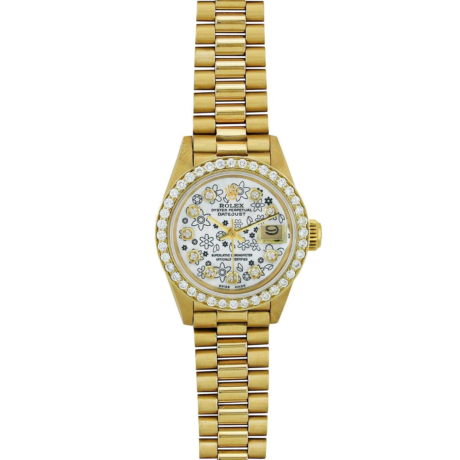 Rolex Datejust 26MM 69178 Silver Floral Diamond Dial Diamond Bezel 18K Yellow Gold President Bracelet 1ct