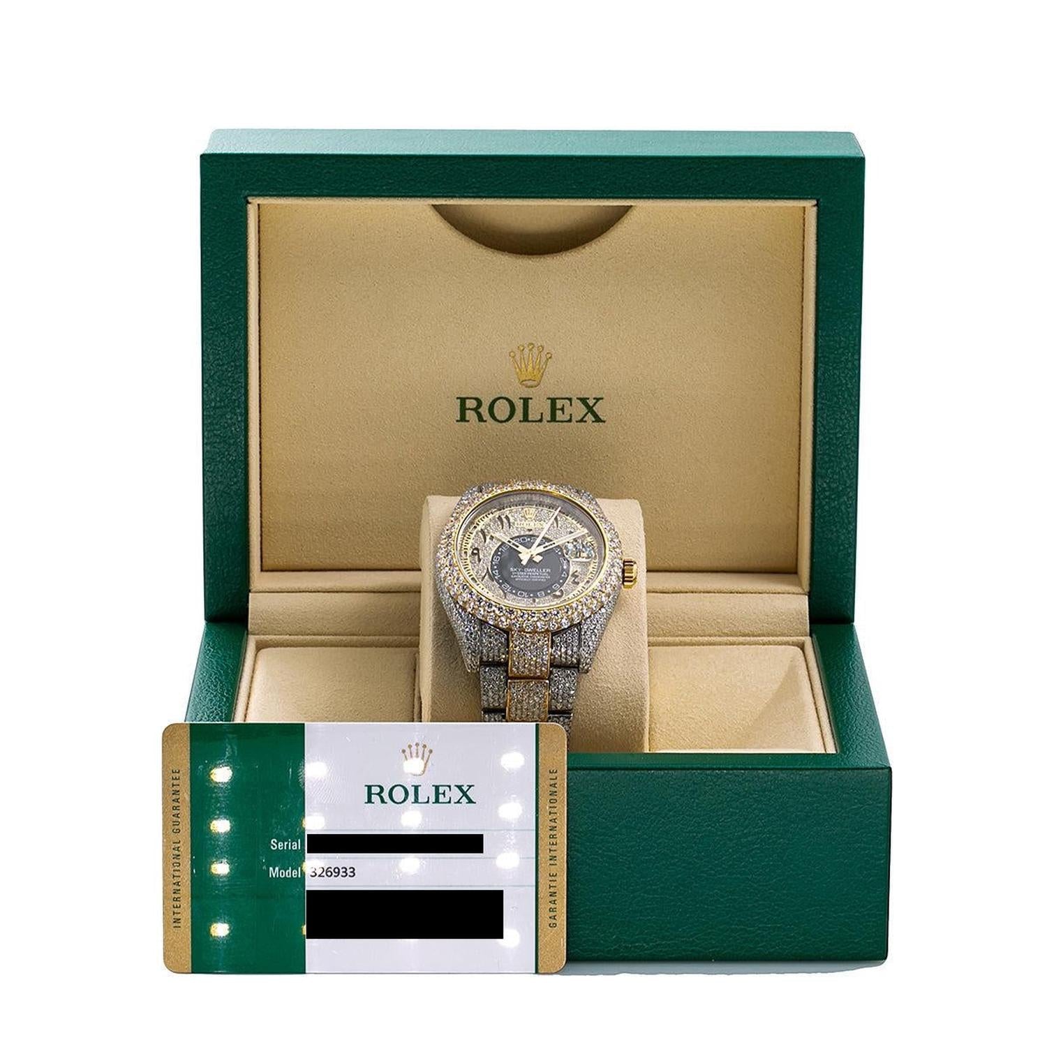 Rolex Sky-Dweller 42MM 326933 Diamond Paved Eastern Arabic Dial Diamond Bezel Two Tone Yellow Gold Full Diamond Oyster Bracelet 25.75ct