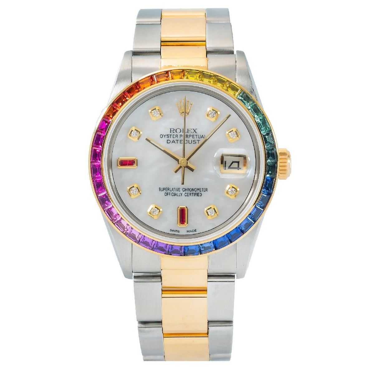Rolex Datejust 36MM 16013 White Mother of Pearl Diamond Dial Rainbow  Bezel Two Tone Yellow Gold Oyster Bracelet