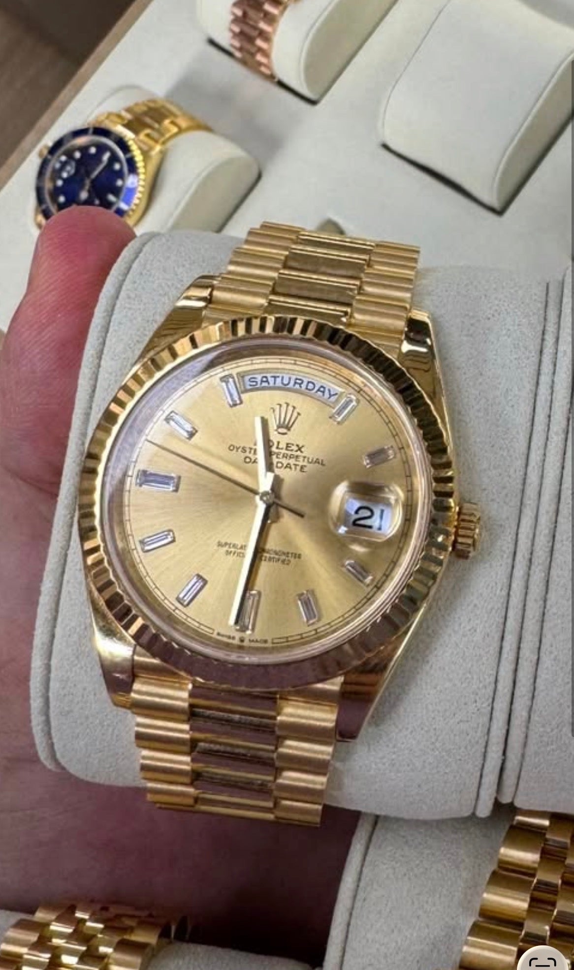 40mm Rolex day date with factory baguette dial  box and papers