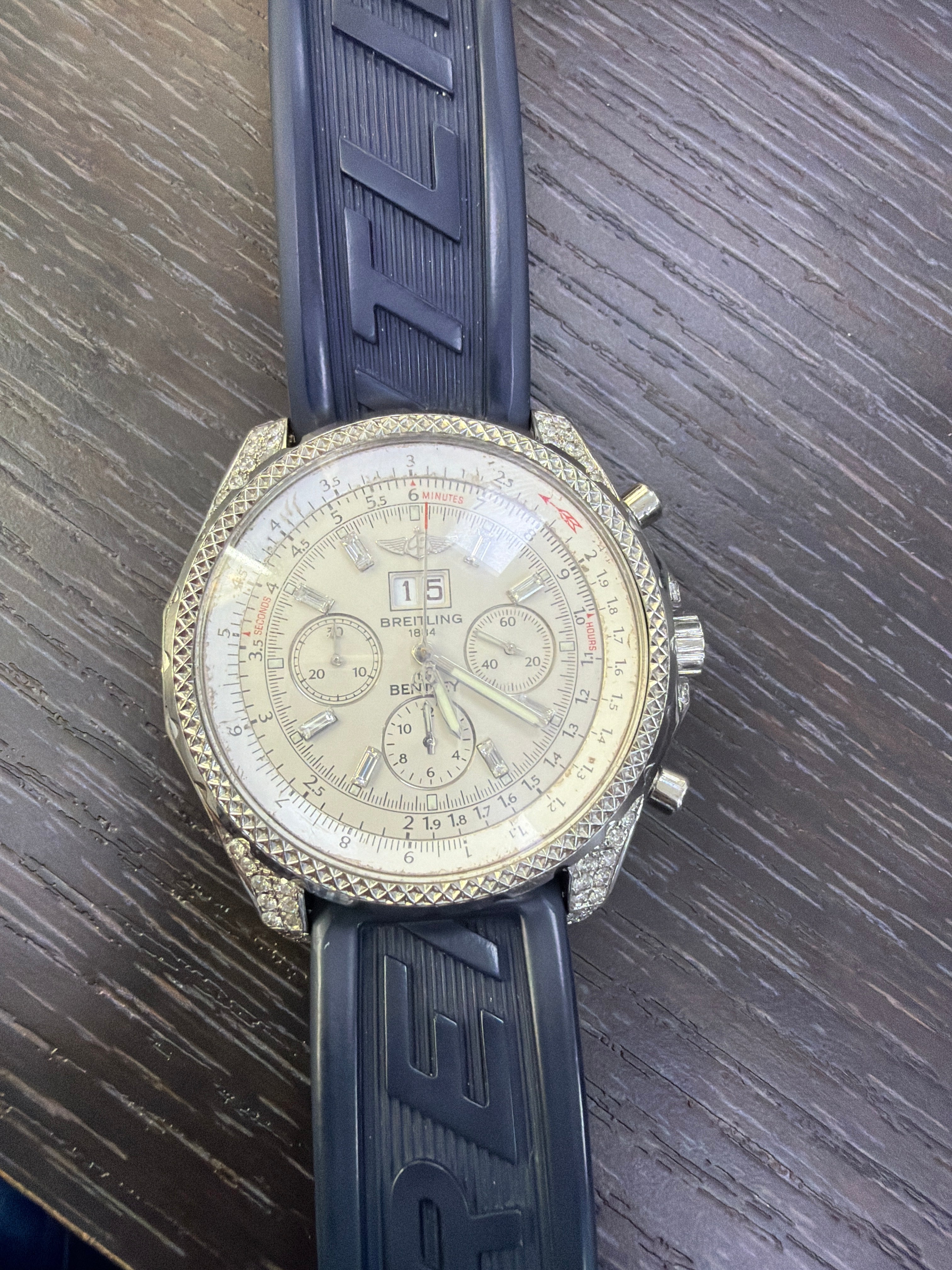 Breitling a44362 with custom set diamonds on the side blue and black band