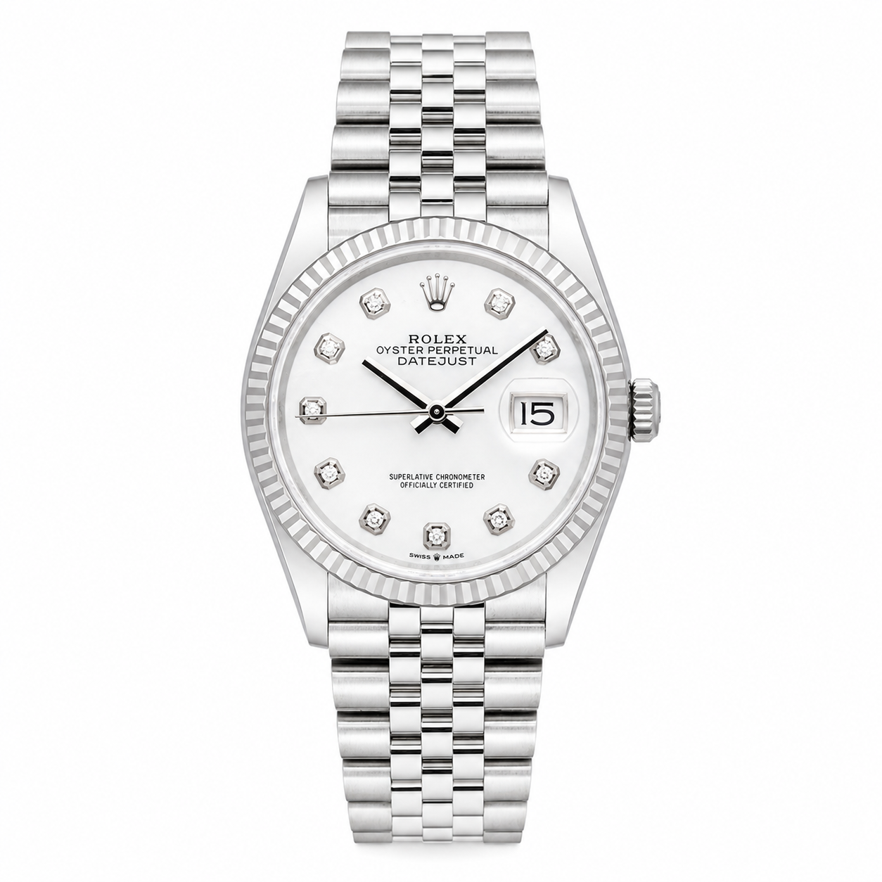 ROLEX DATEJUST 36MM 126234 SILVER DIAMOND DIAL FLUTED BEZEL JUBILEE BRACELET