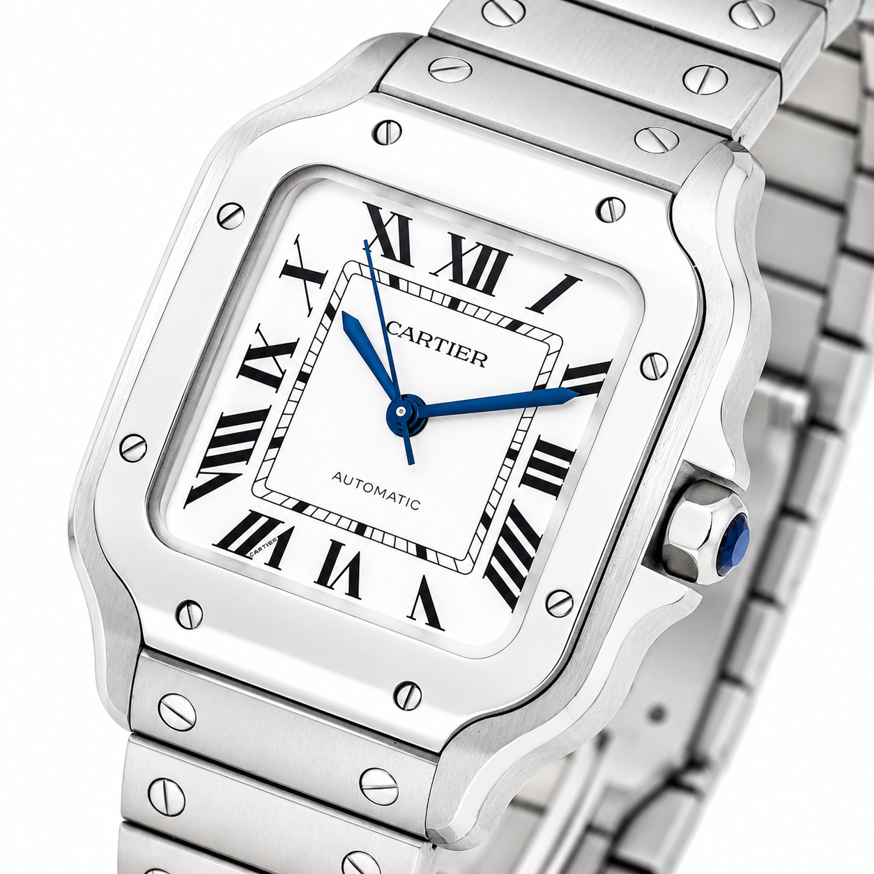 CARTIER SANTOS DE CARTIER MEDIUM AUTOMATIC WHITE DIAL STAINLESS STEEL WATCH