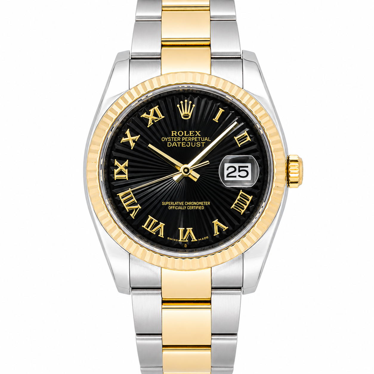 ROLEX DATEJUST 36 BLACK CONCENTRIC ROMAN DIAL 18K YELLOW GOLD & STAINLESS STEEL WATCH 116233