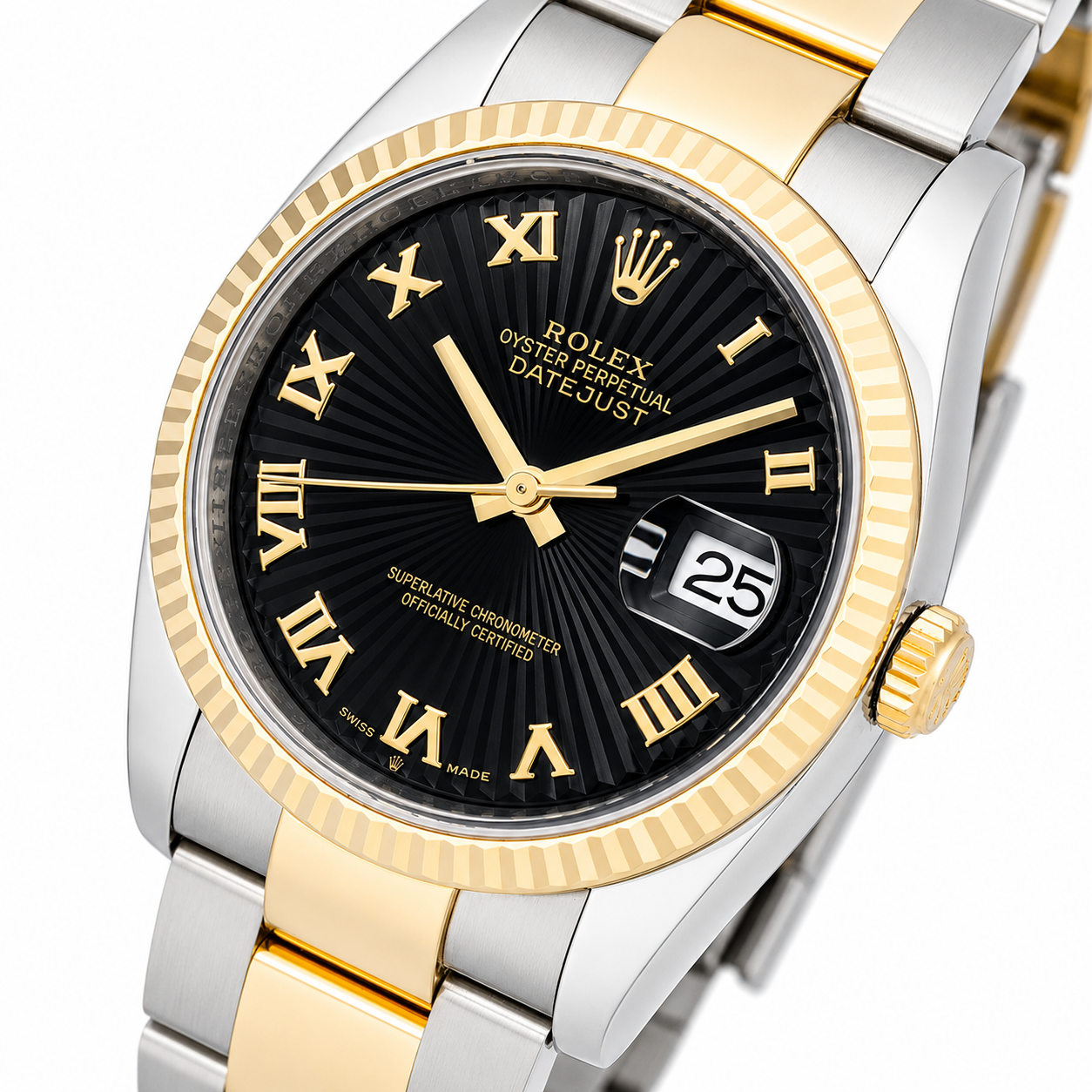 ROLEX DATEJUST 36 BLACK CONCENTRIC ROMAN DIAL 18K YELLOW GOLD & STAINLESS STEEL WATCH 116233