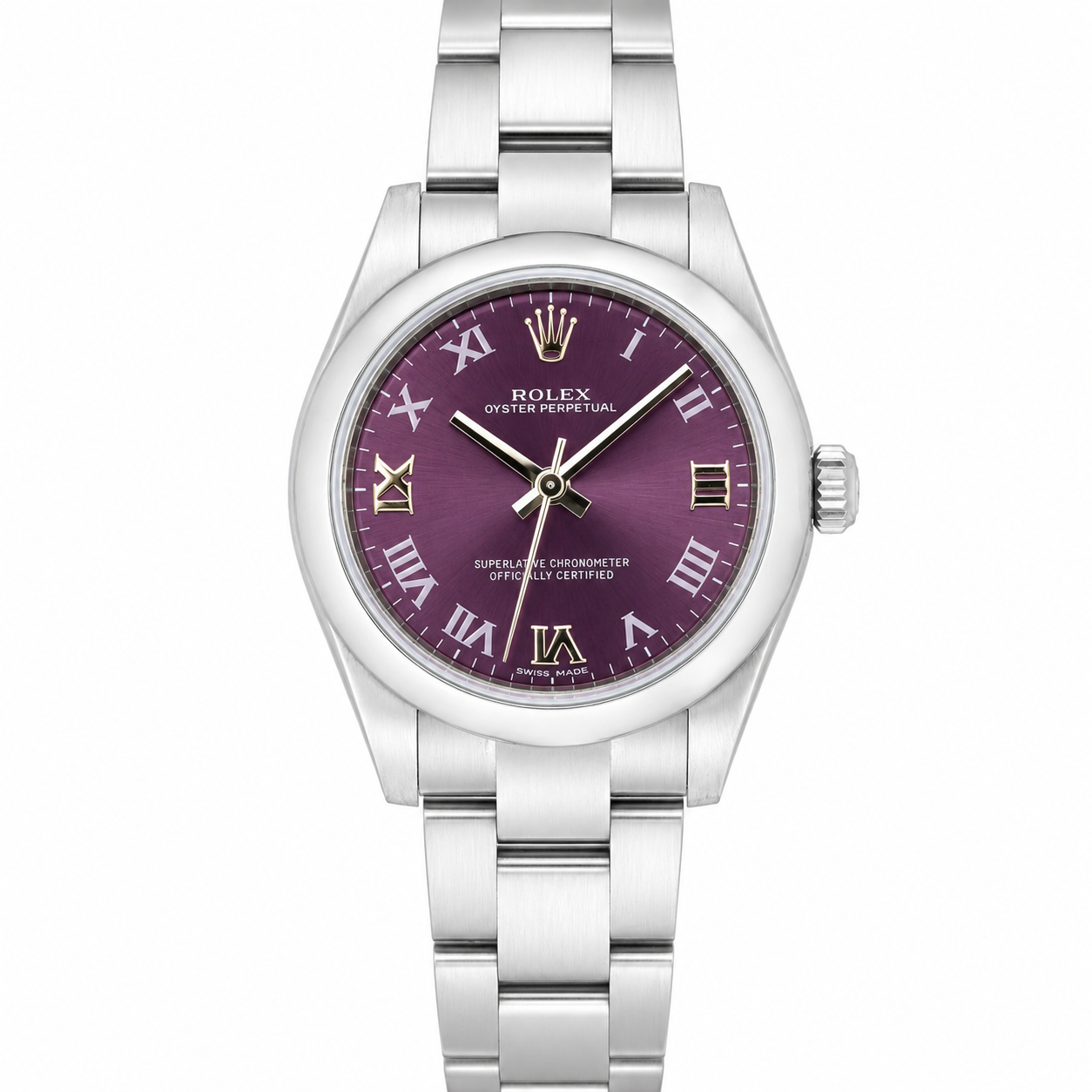 ROLEX OYSTER PERPETUAL 31MM CUSTOM PURPLE ROMAN DIAL STAINLESS STEEL WATCH