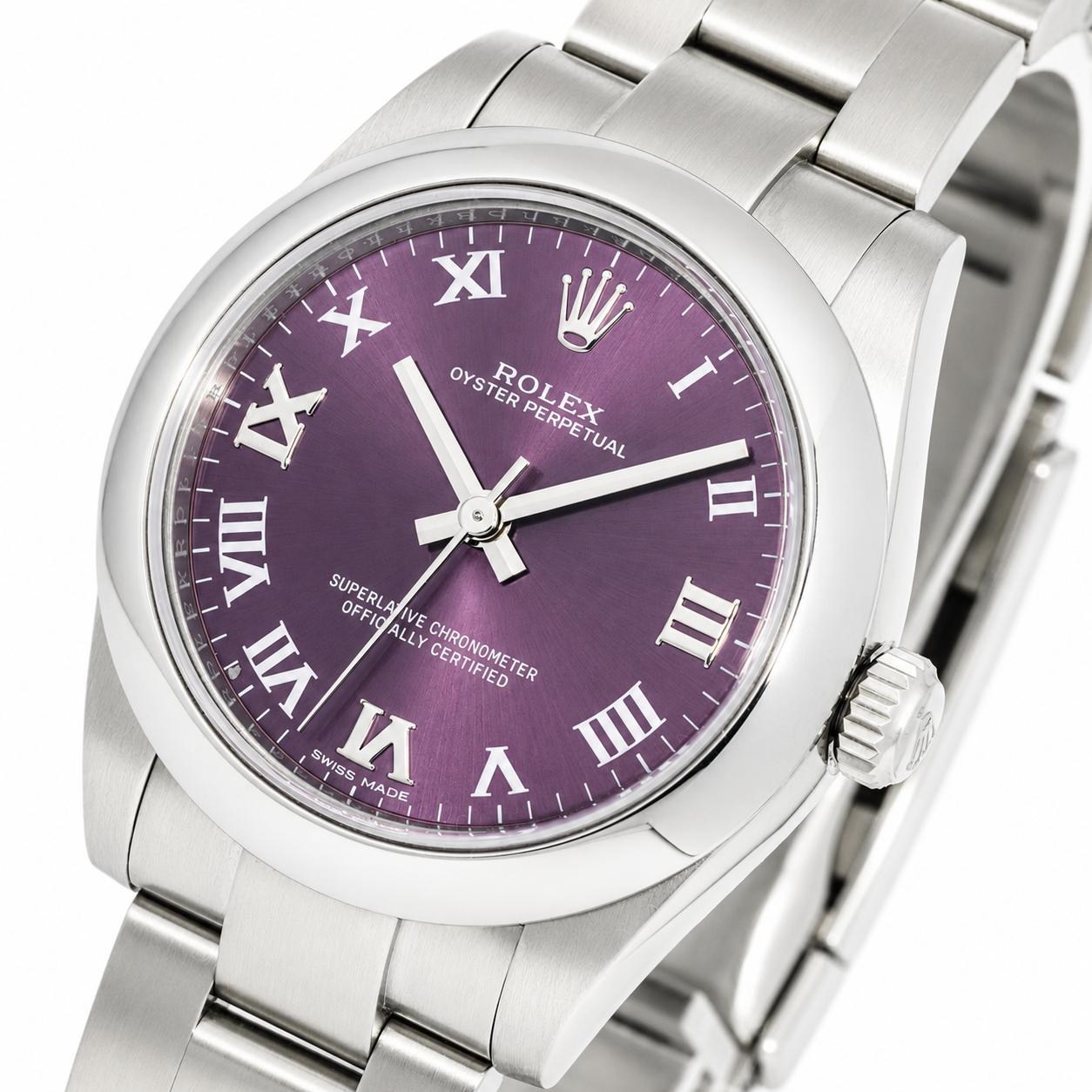 ROLEX OYSTER PERPETUAL 31MM CUSTOM PURPLE ROMAN DIAL STAINLESS STEEL WATCH