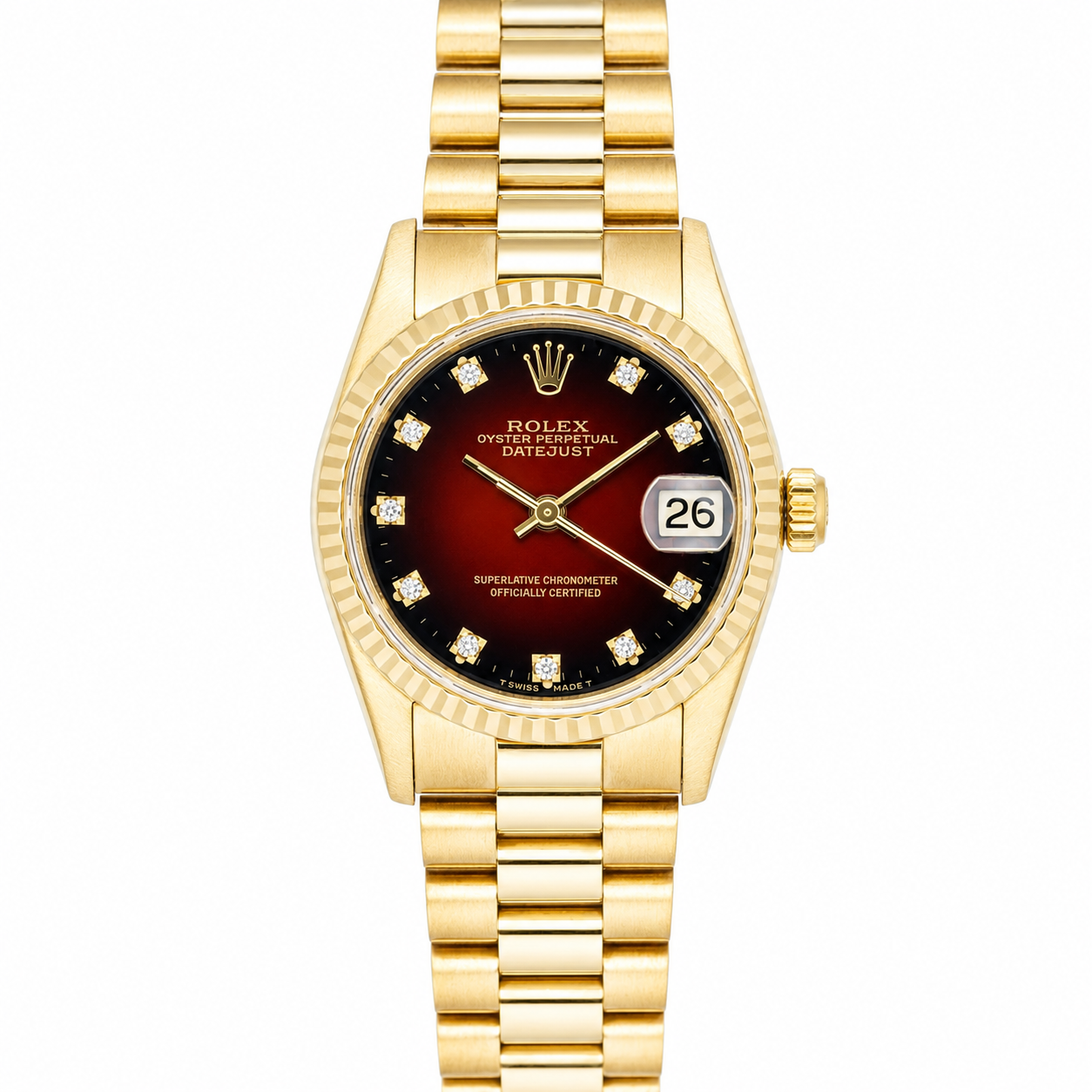 ROLEX DATEJUST PRESIDENT 31MM YELLOW GOLD RED VIGNETTE DIAMOND DIAL WATCH 68278