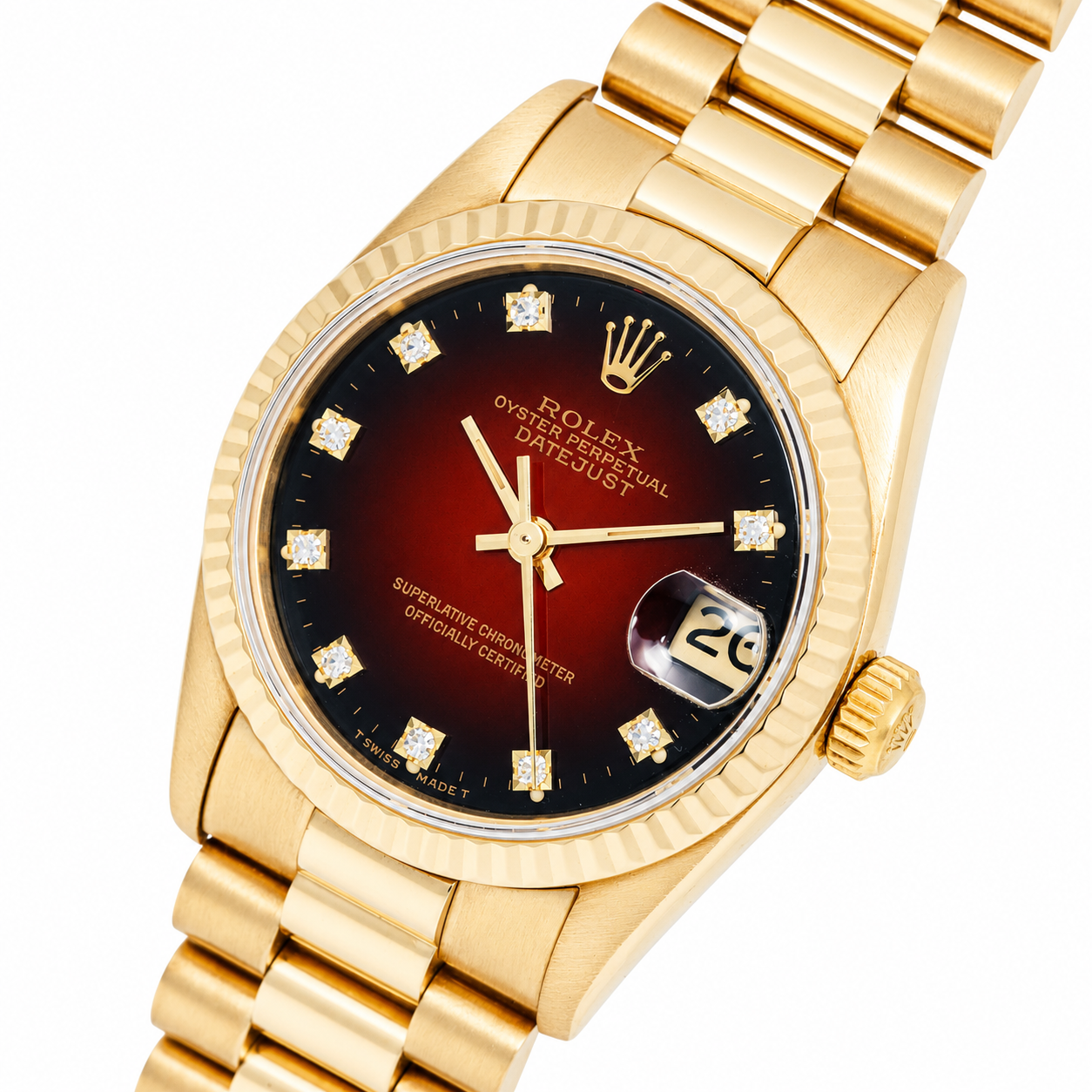 ROLEX DATEJUST PRESIDENT 31MM YELLOW GOLD RED VIGNETTE DIAMOND DIAL WATCH 68278