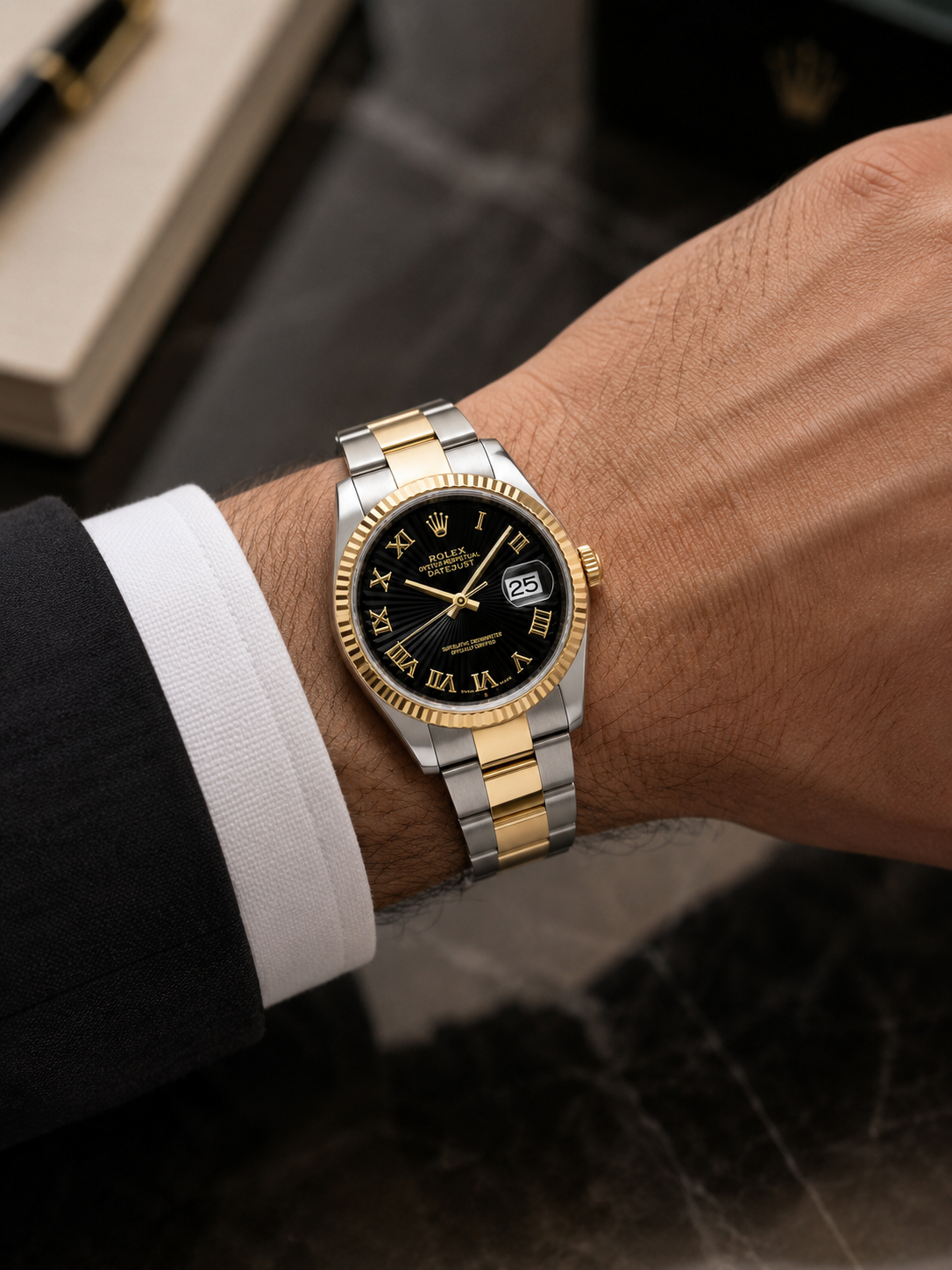 ROLEX DATEJUST 36 BLACK CONCENTRIC ROMAN DIAL 18K YELLOW GOLD & STAINLESS STEEL WATCH 116233