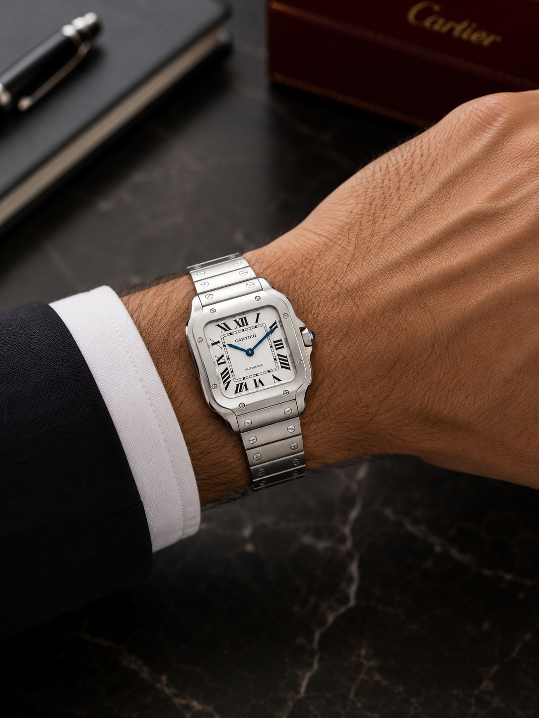 CARTIER SANTOS DE CARTIER MEDIUM AUTOMATIC WHITE DIAL STAINLESS STEEL WATCH