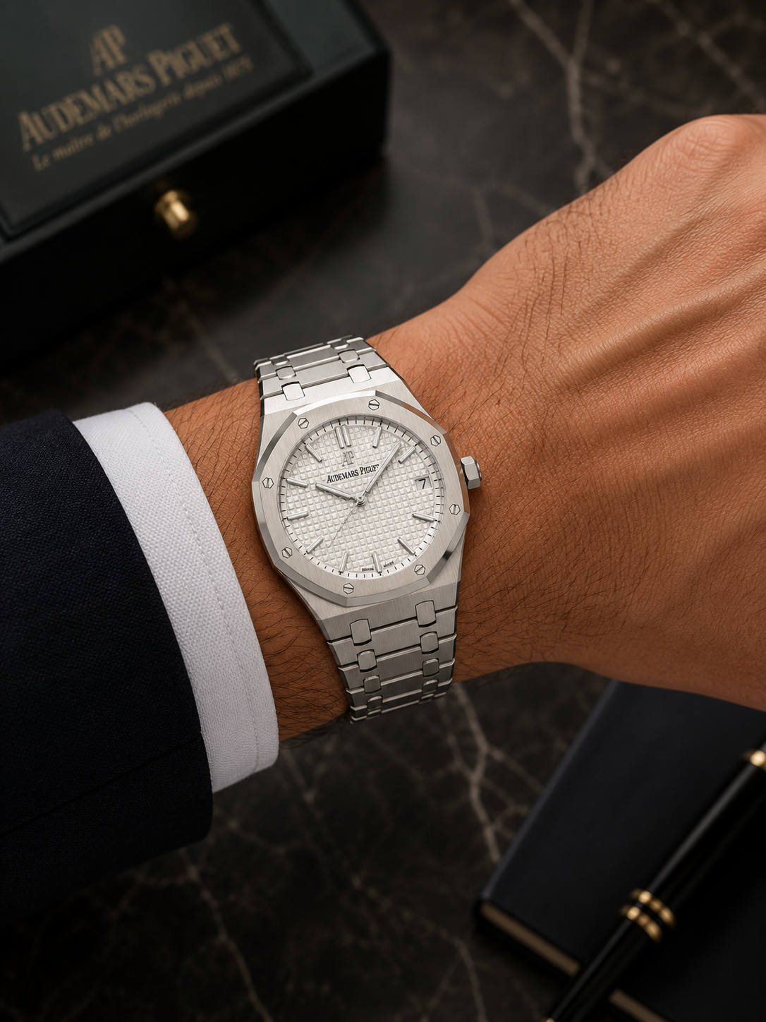 AUDEMARS PIGUET ROYAL OAK SELFWINDING 41MM BLACK GRANDE TAPISSERIE DIAL STAINLESS STEEL BRACELET REF. 15500ST.OO.1220ST.03