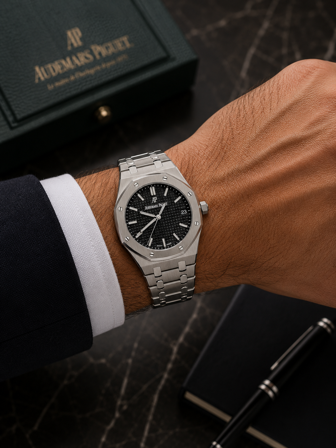 AUDEMARS PIGUET ROYAL OAK SELFWINDING 41MM BLACK GRANDE TAPISSERIE DIAL STAINLESS STEEL BRACELET REF. 15500ST.OO.1220ST.03