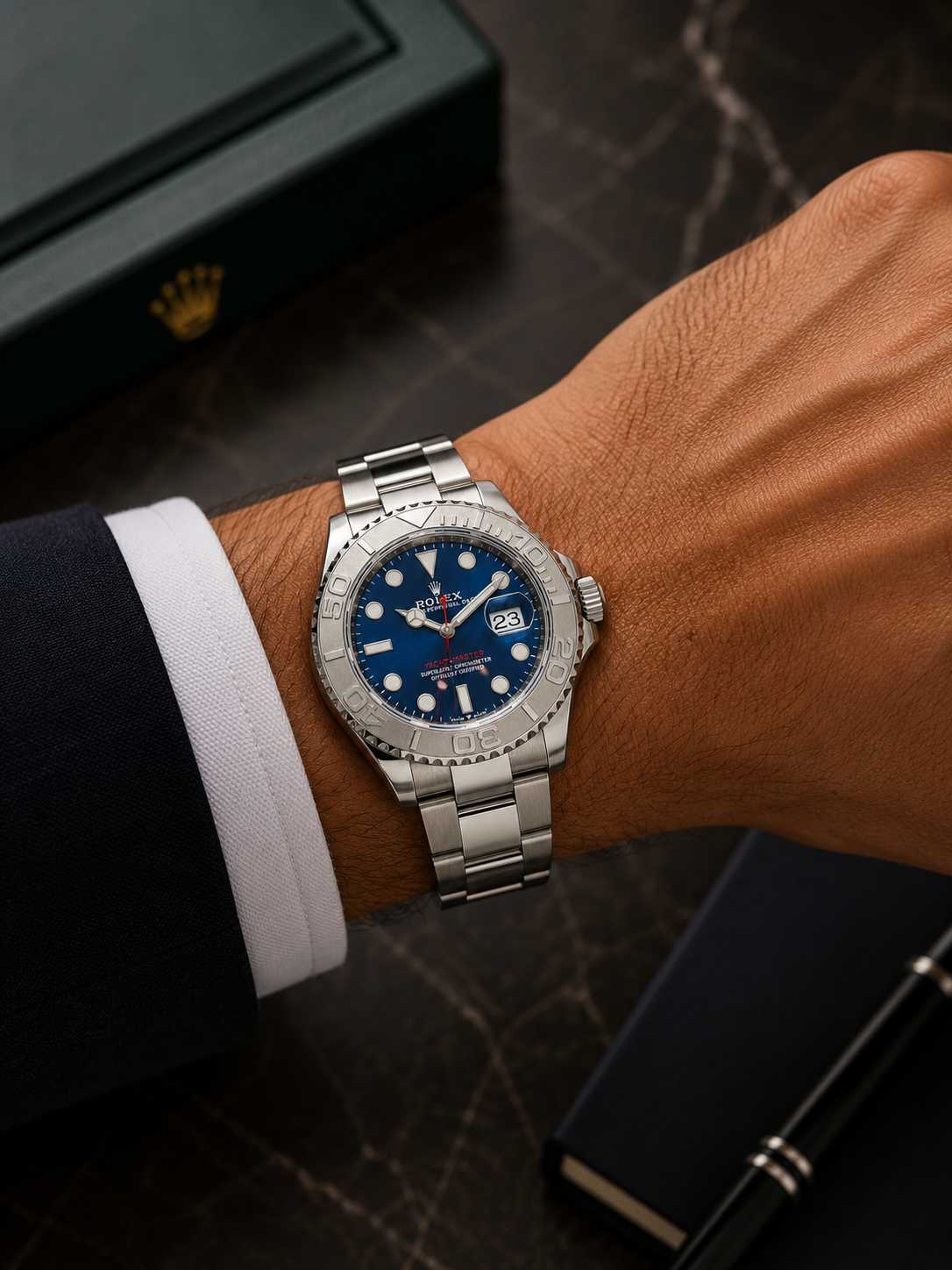 ROLEX YACHT-MASTER 40MM BLUE DIAL PLATINUM BEZEL OYSTER BRACELET 116622