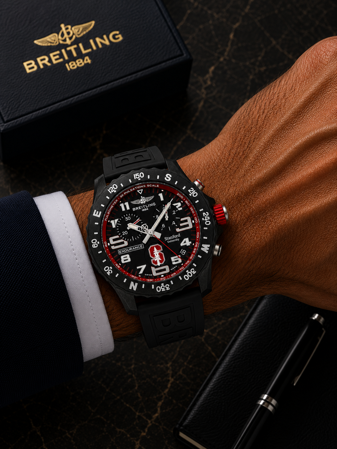 BREITLING ENDURANCE PRO STANFORD UNIVERSITY EDITION BLACK RED DIAL CHRONOGRAPH 44MM