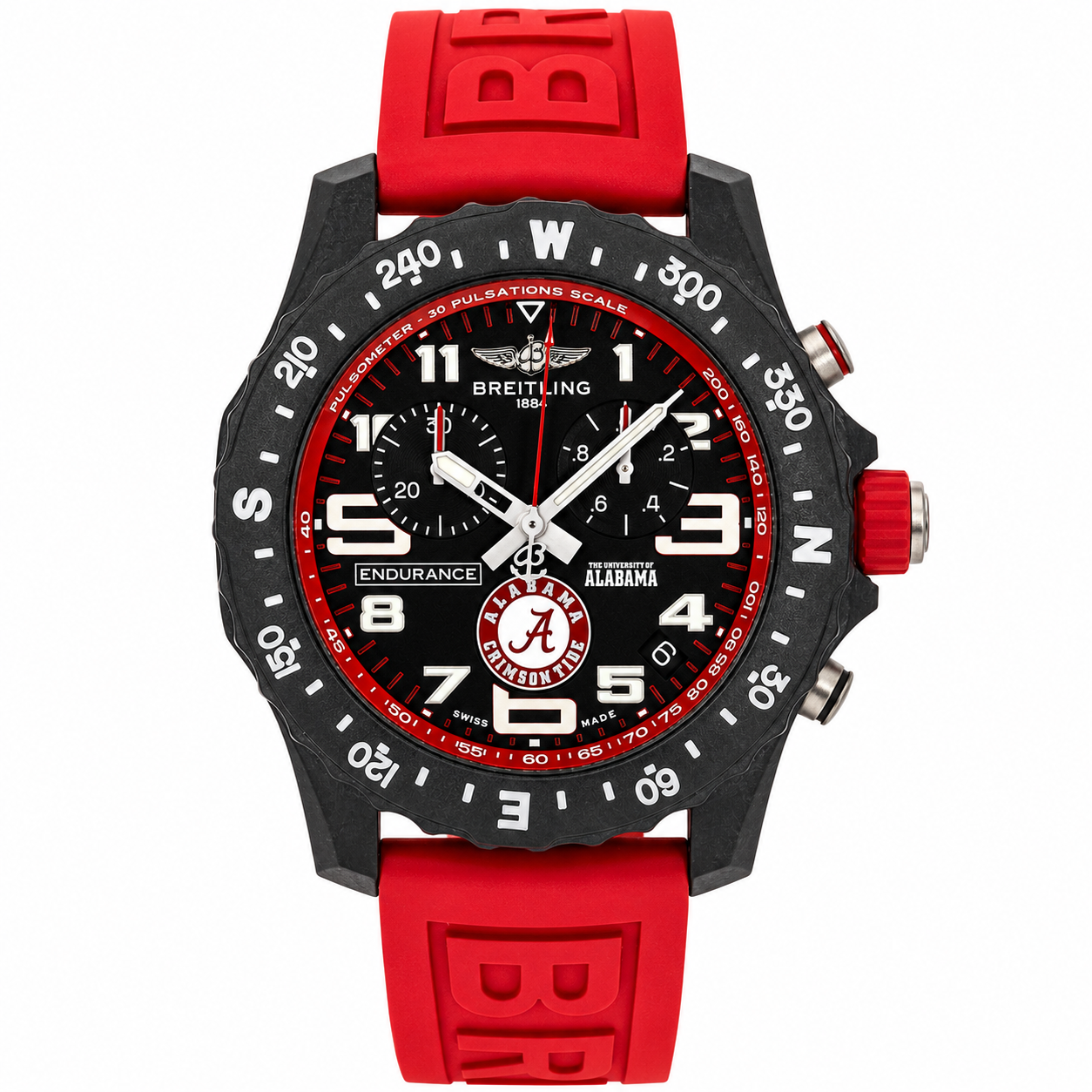 BREITLING ENDURANCE PRO ALABAMA CRIMSON TIDE 44MM BLACK DIAL RED RUBBER STRAP X823102C1B1S1 PRE-OWNED