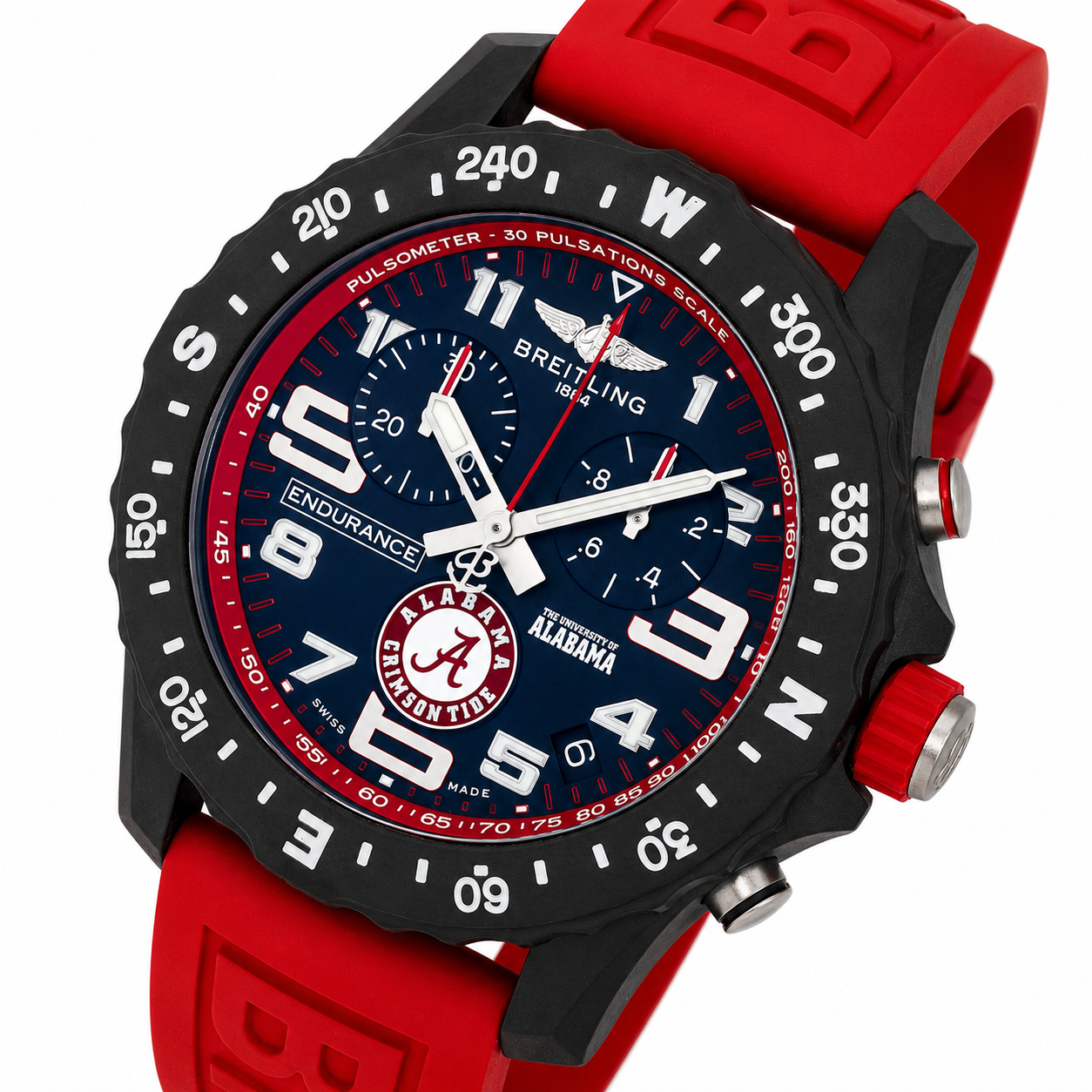 BREITLING ENDURANCE PRO ALABAMA CRIMSON TIDE 44MM BLACK DIAL RED RUBBER STRAP X823102C1B1S1 PRE-OWNED