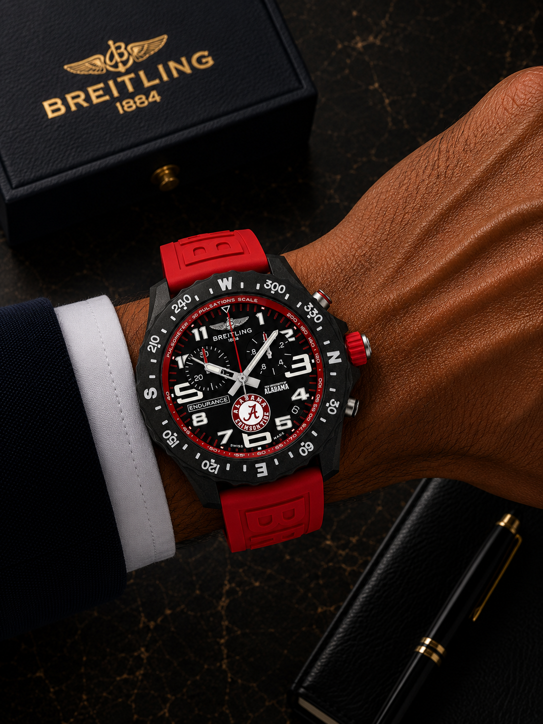 BREITLING ENDURANCE PRO ALABAMA CRIMSON TIDE 44MM BLACK DIAL RED RUBBER STRAP X823102C1B1S1 PRE-OWNED