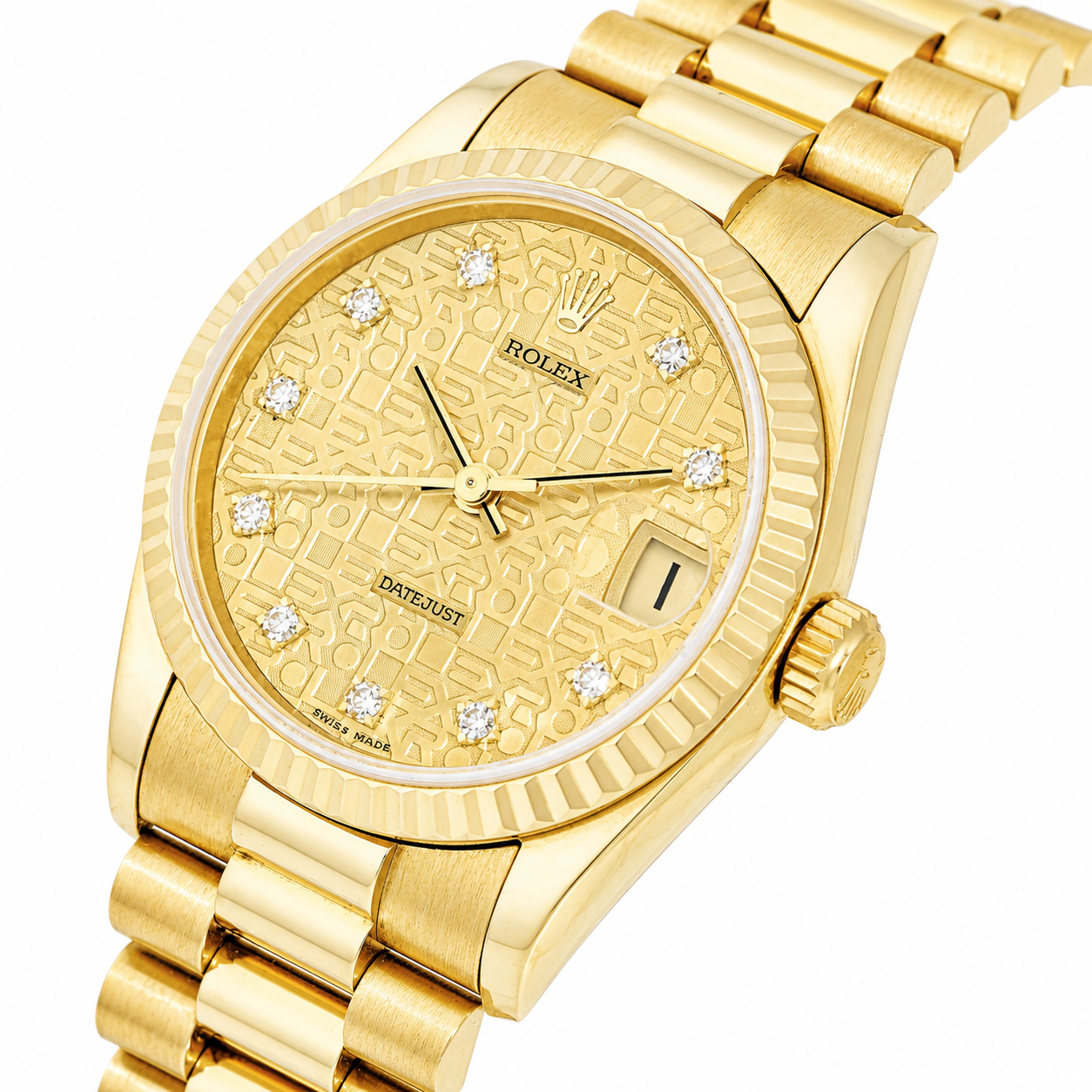 ROLEX DATEJUST 31 CHAMPAGNE MONOGRAM DIAMOND DIAL PRESIDENT