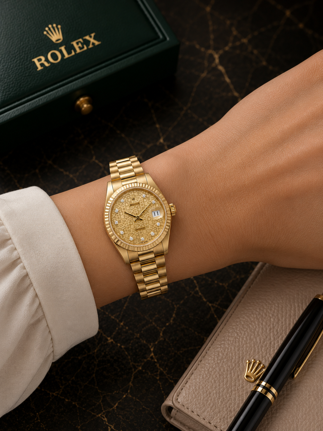ROLEX DATEJUST 31 CHAMPAGNE MONOGRAM DIAMOND DIAL PRESIDENT