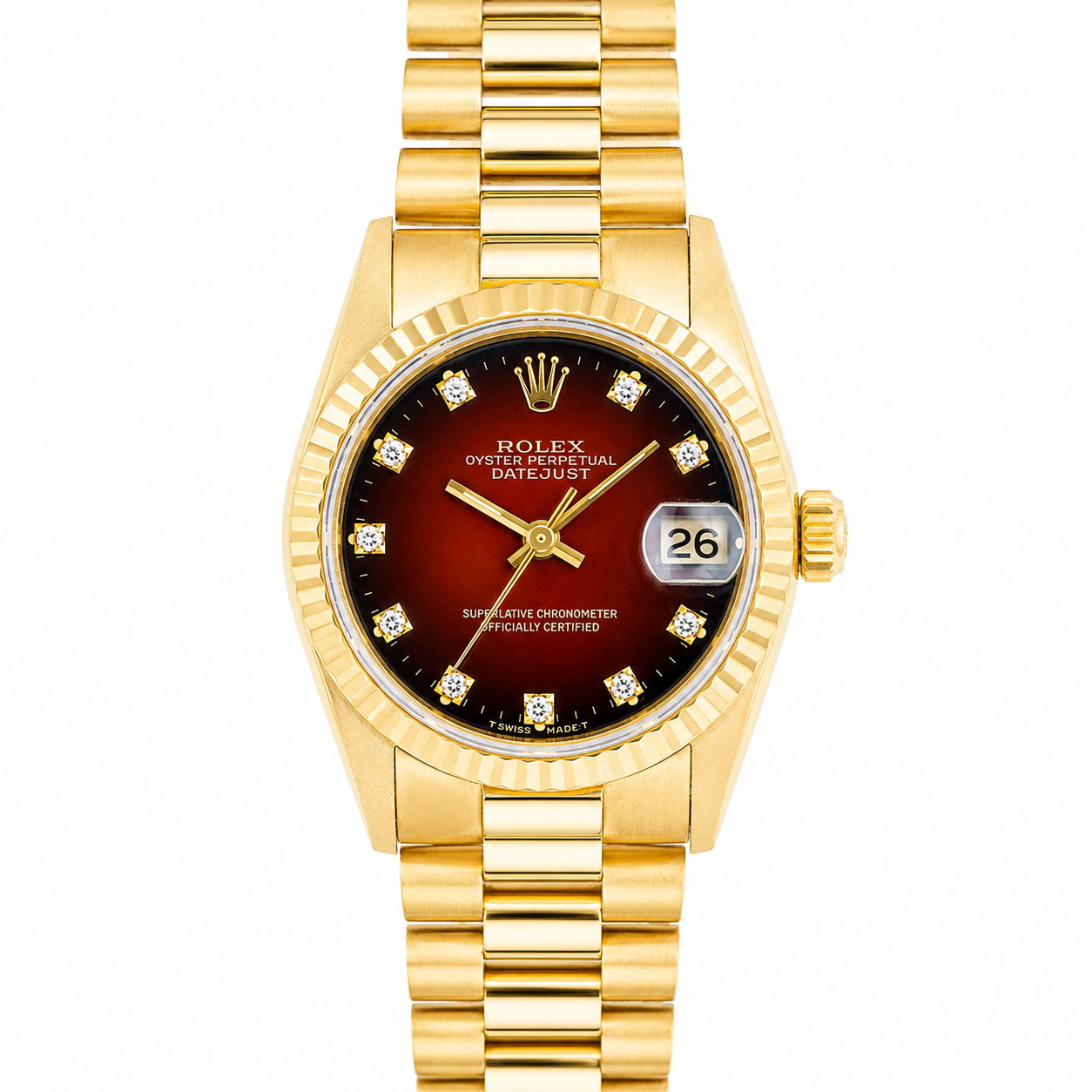 ROLEX DATEJUST 68278 PRESIDENT 31MM YELLOW GOLD RED DIAMOND DIAL WATCH
