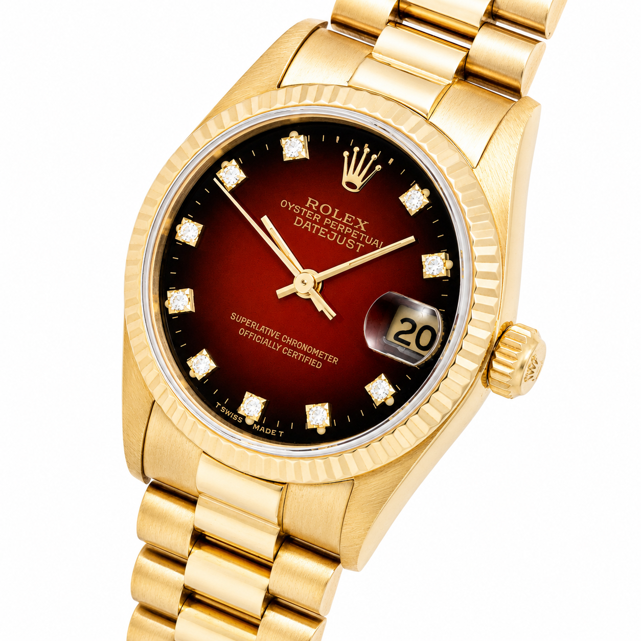 ROLEX DATEJUST 68278 PRESIDENT 31MM YELLOW GOLD RED DIAMOND DIAL WATCH