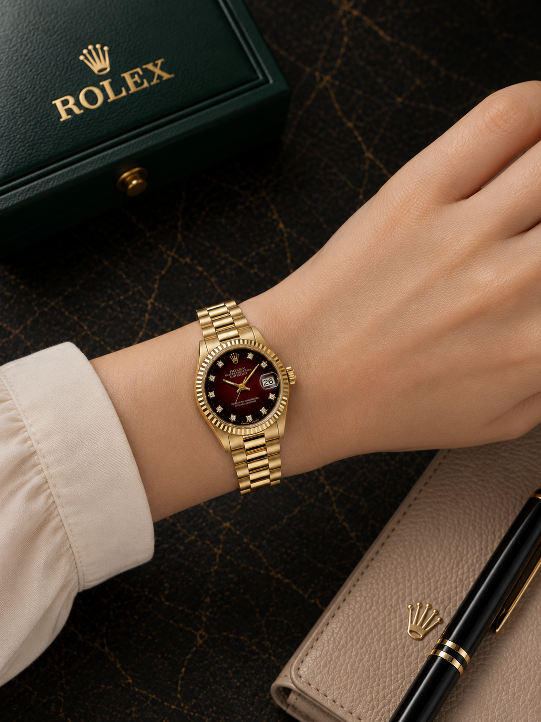ROLEX DATEJUST 68278 PRESIDENT 31MM YELLOW GOLD RED DIAMOND DIAL WATCH