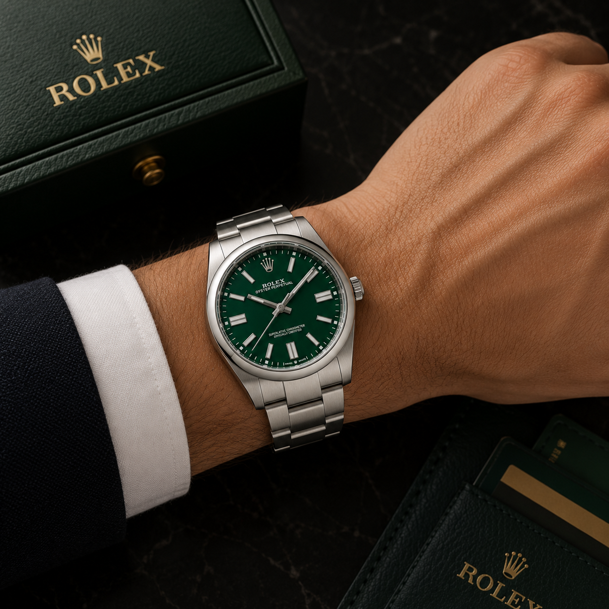 ROLEX OYSTER PERPETUAL 41MM GREEN DIAL STAINLESS STEEL WATCH 124300