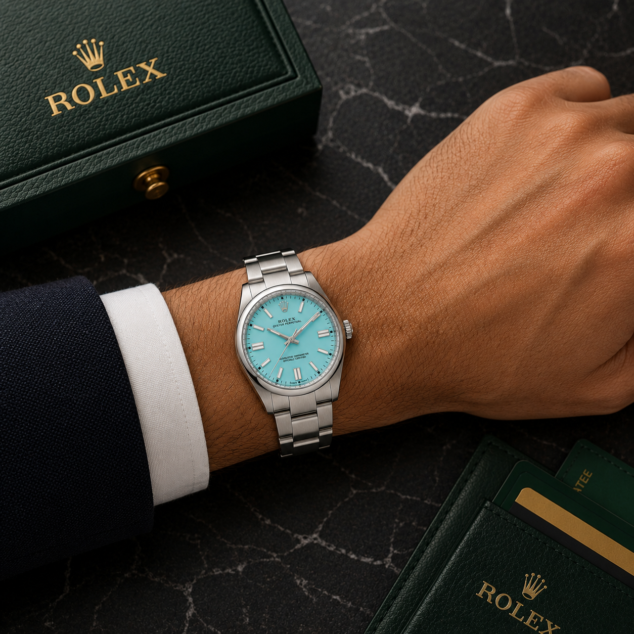 ROLEX OYSTER PERPETUAL 36MM TURQUOISE BLUE DIAL STAINLESS STEEL WATCH 126000