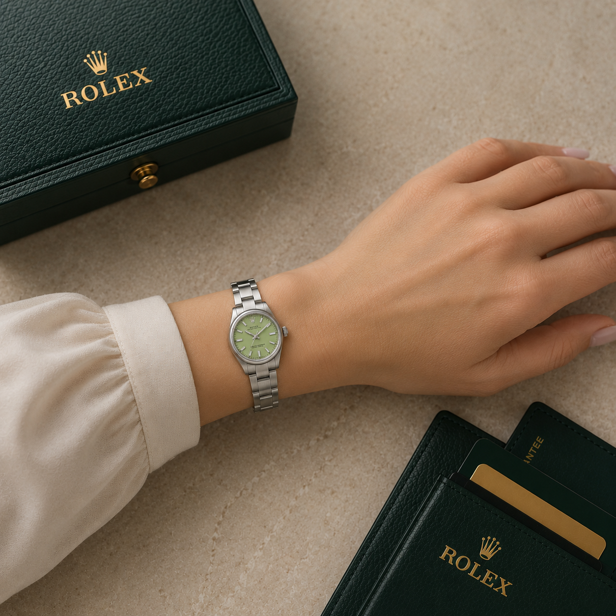 ROLEX OYSTER PERPETUAL 31MM  PISTACHIO  DIAL STAINLESS STEEL WATCH 277200