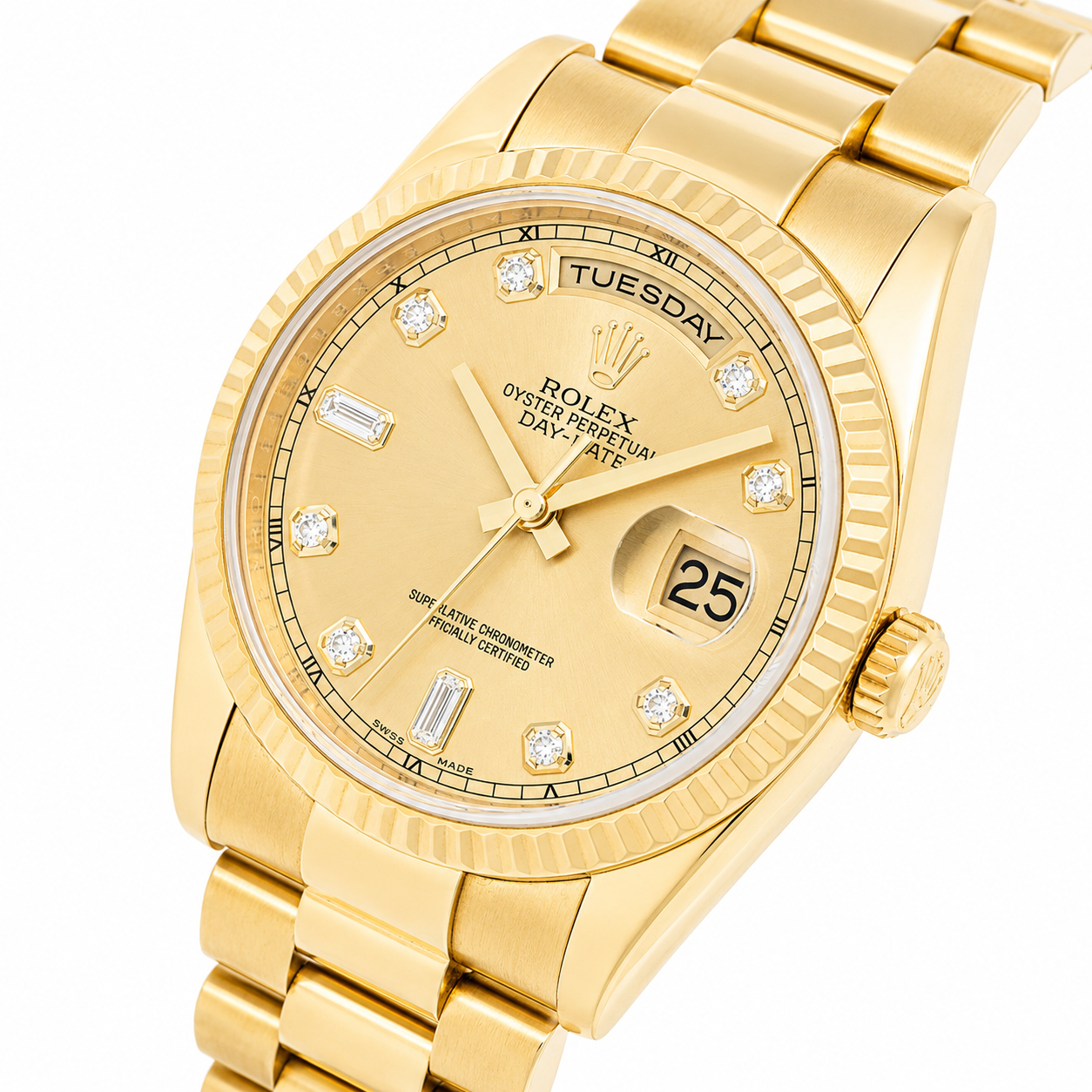 ROLEX DAY-DATE 36MM CHAMPAGNE DIAMOND DIAL 18K YELLOW GOLD PRESIDENT 118238