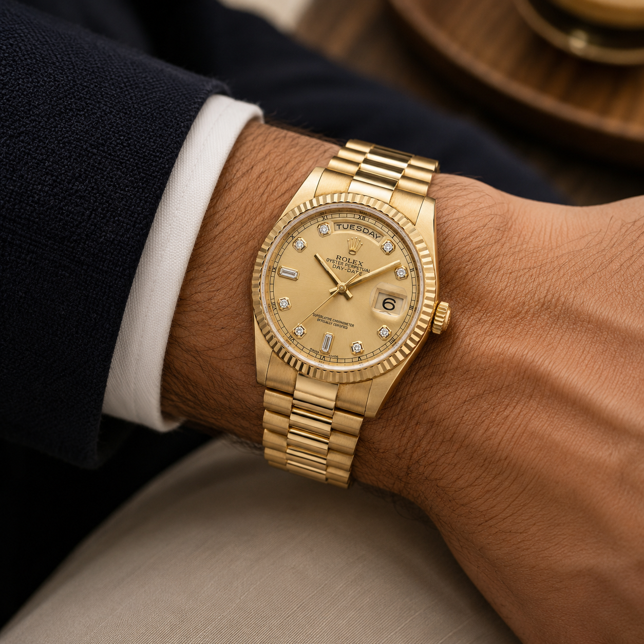 ROLEX DAY-DATE 36MM CHAMPAGNE DIAMOND DIAL 18K YELLOW GOLD PRESIDENT 118238