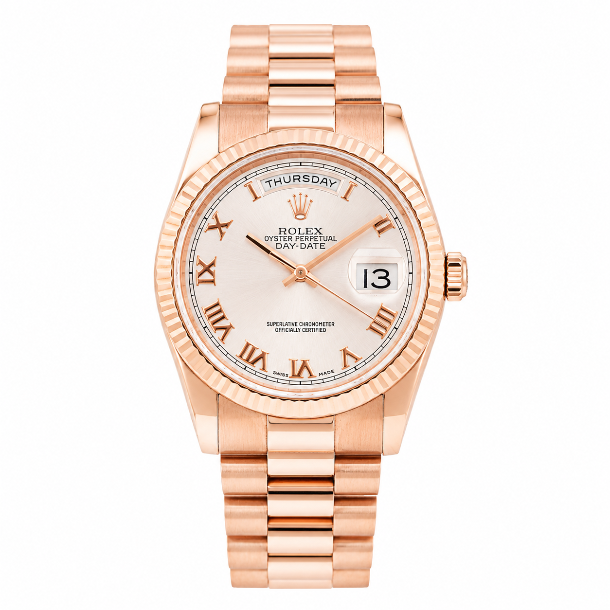 ROLEX DAY-DATE 36MM CHAMPAGNE ROMAN DIAL 18K ROSE GOLD PRESIDENT BRACELET 118235