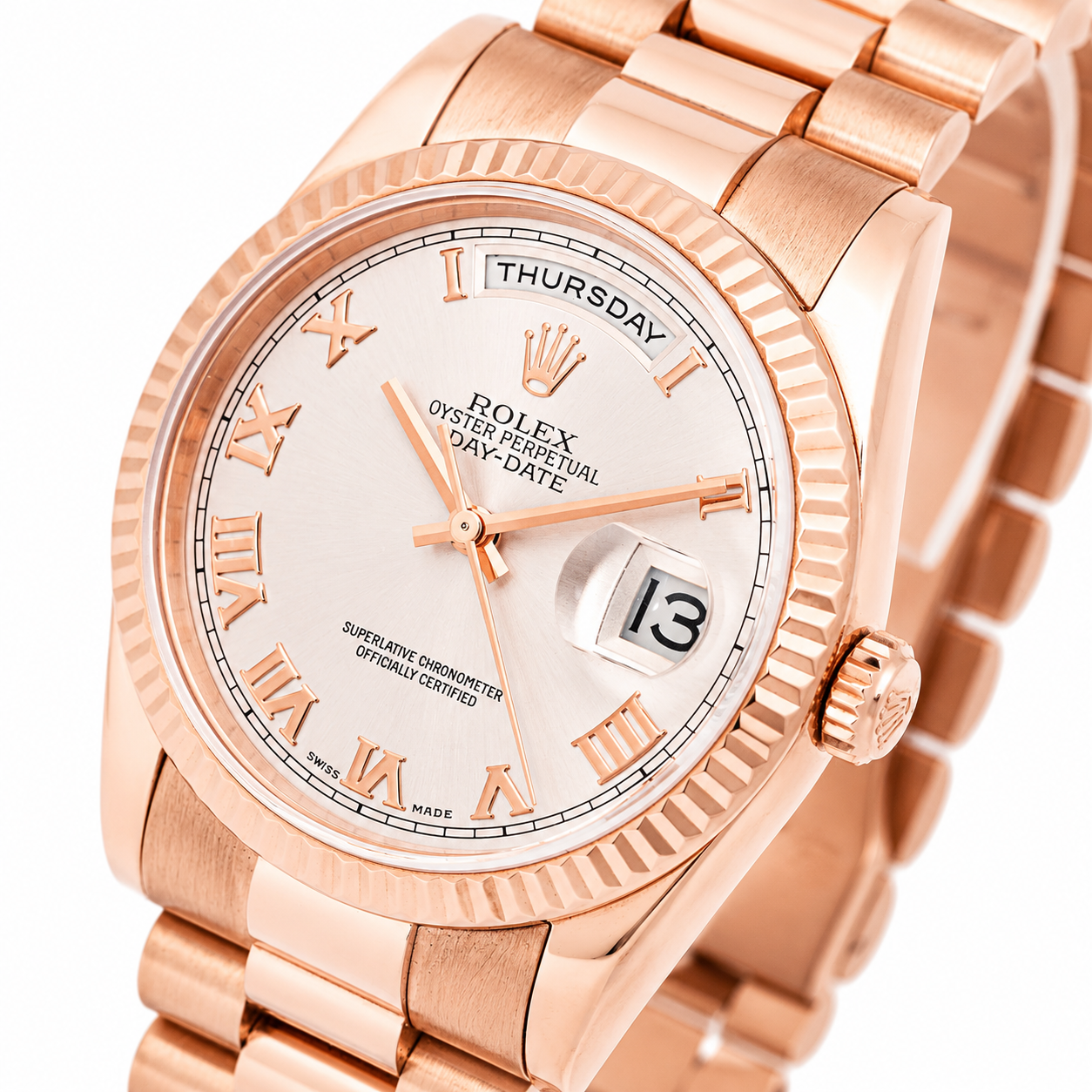 ROLEX DAY-DATE 36MM CHAMPAGNE ROMAN DIAL 18K ROSE GOLD PRESIDENT BRACELET 118235