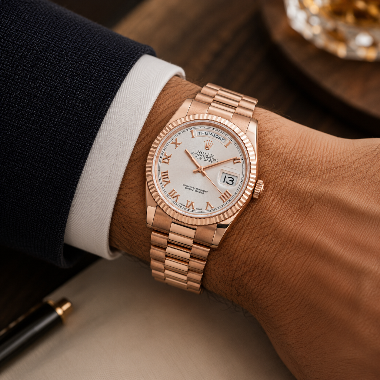 ROLEX DAY-DATE 36MM CHAMPAGNE ROMAN DIAL 18K ROSE GOLD PRESIDENT BRACELET 118235